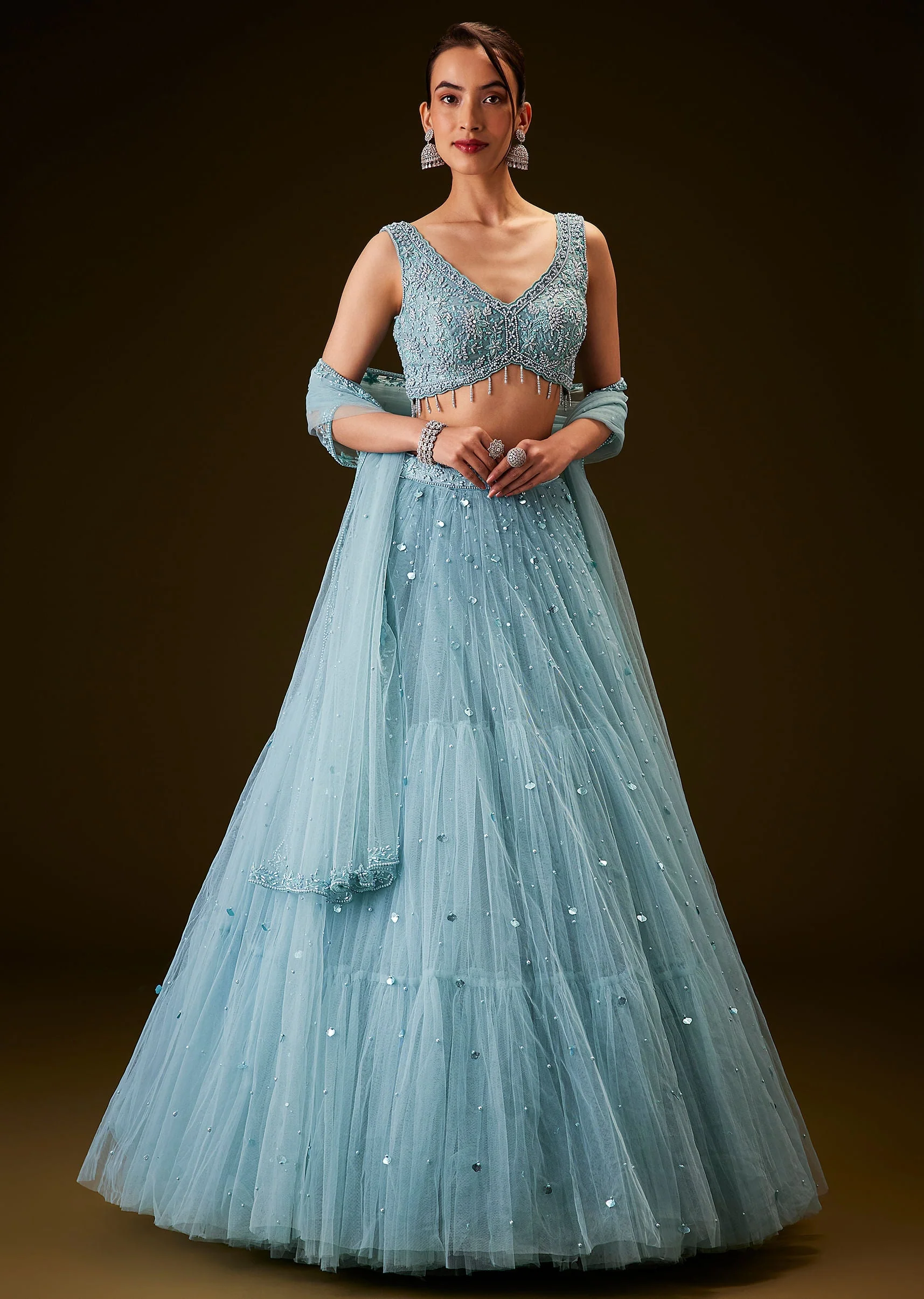 Sky Blue Hand Embroidered Net And Pearl Work Lehenga Set - Image 3