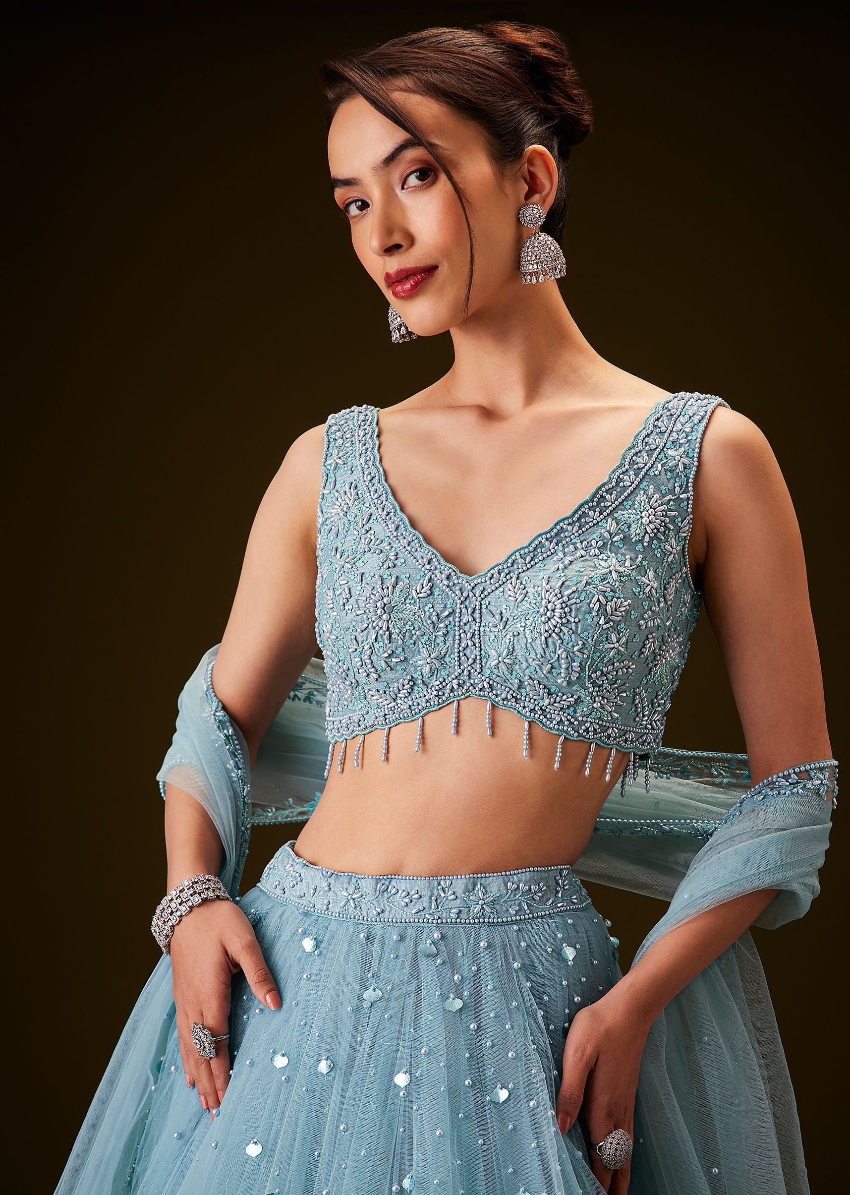 Sky Blue Hand Embroidered Net And Pearl Work Lehenga Set - Image 4