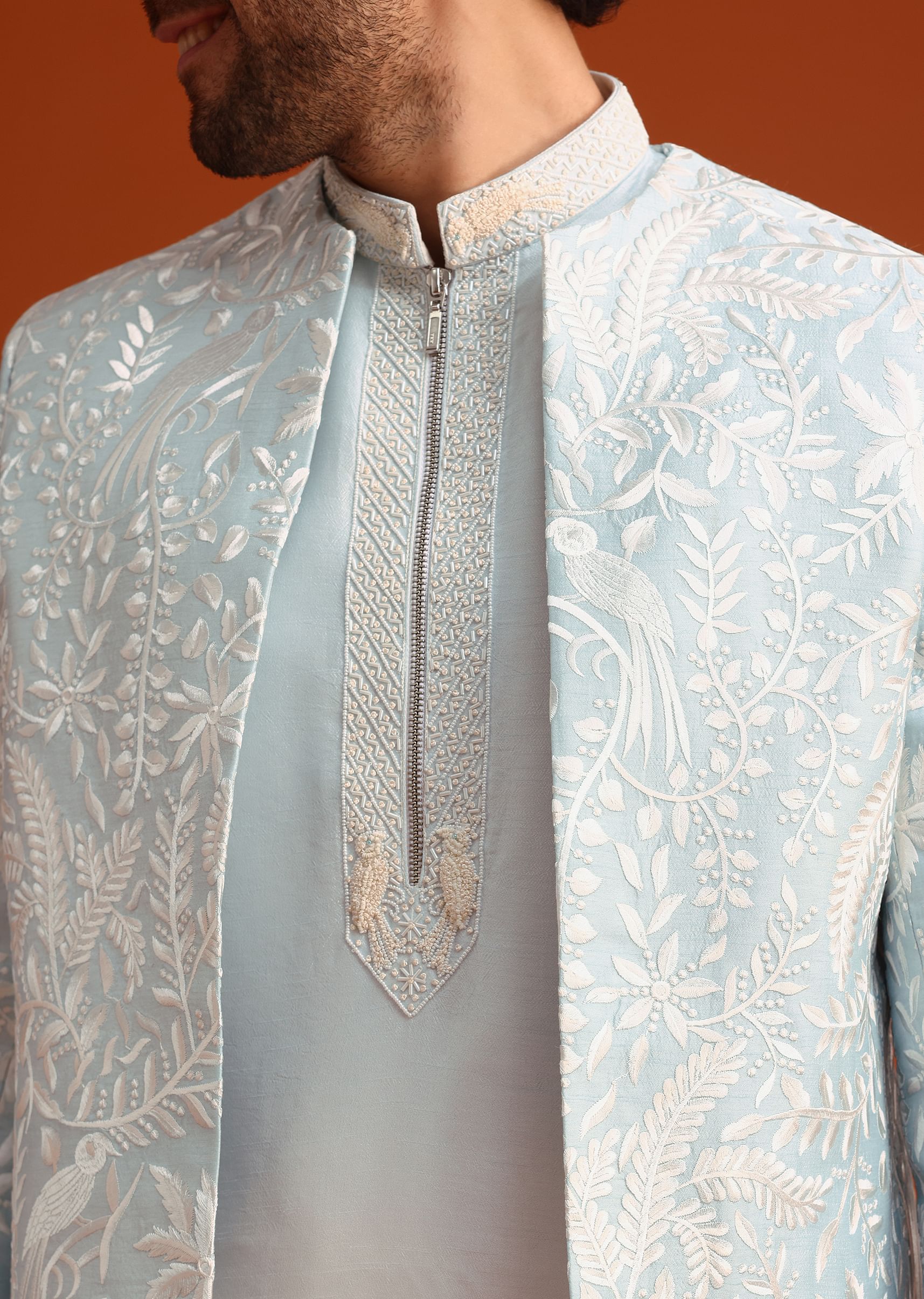 Sky Blue Indo-Western And Kurta Set In Silk With French Knots - Image 3