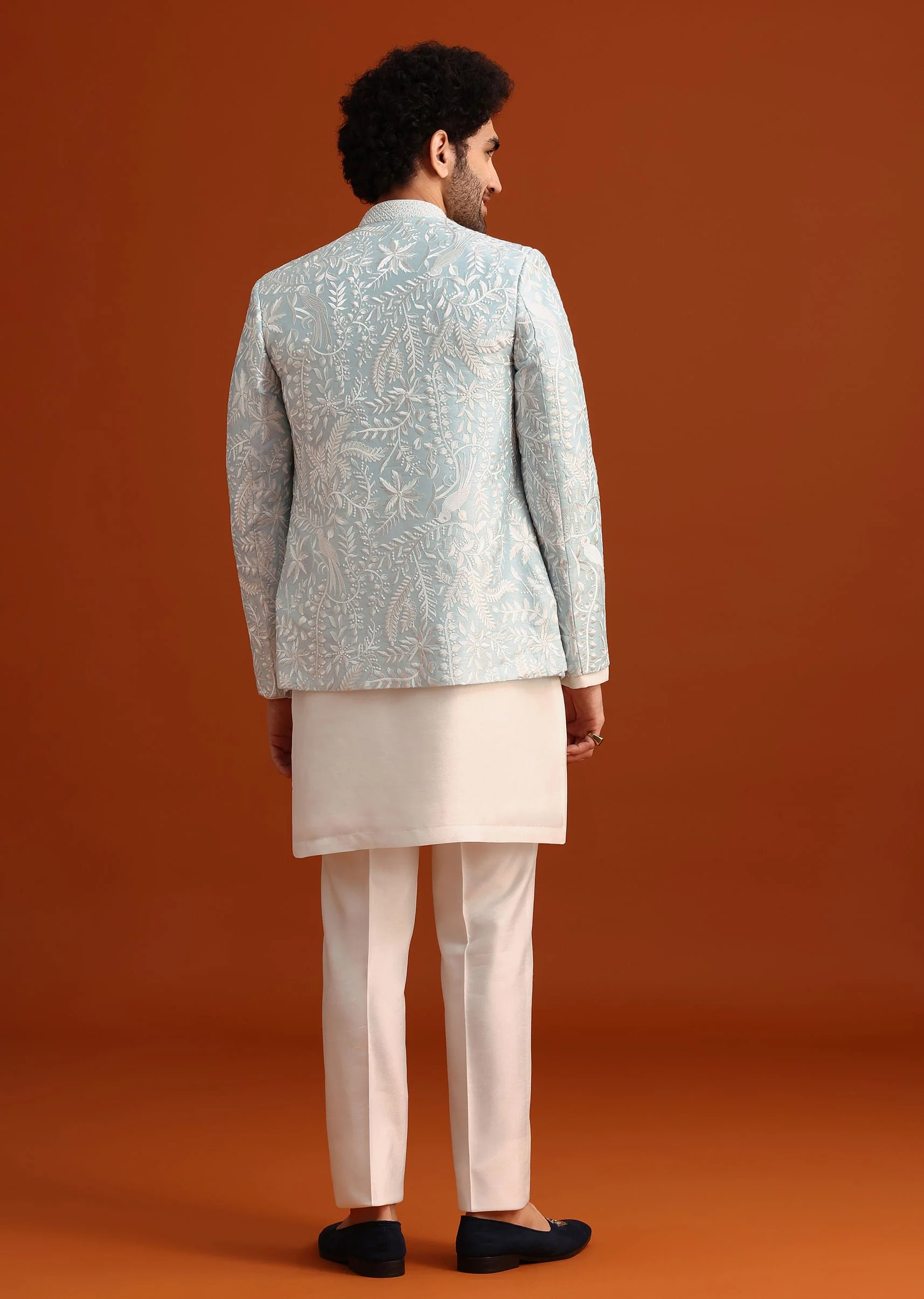 Sky Blue Indo-Western And Kurta Set In Silk With French Knots - Image 5