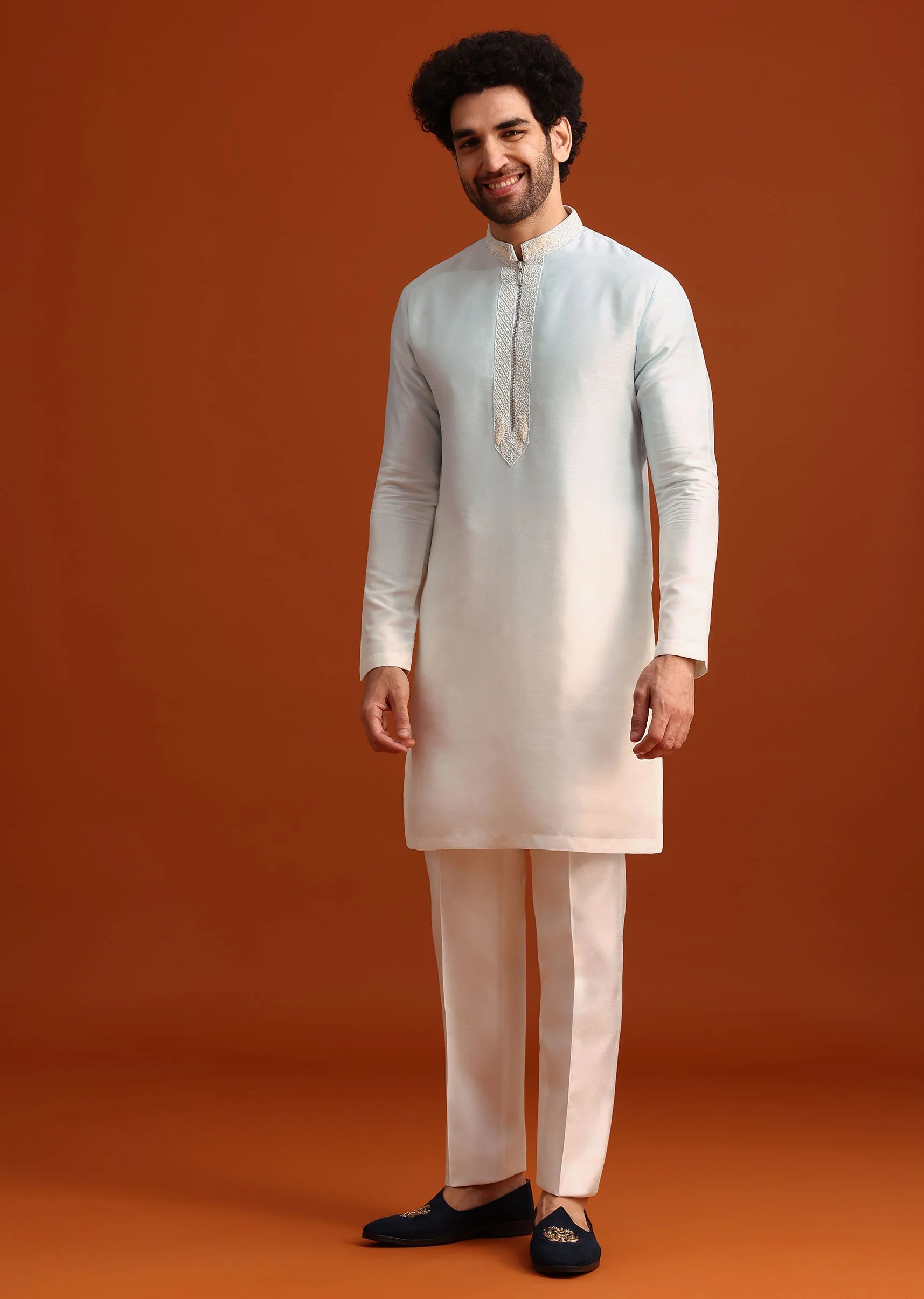 Sky Blue Indo-Western And Kurta Set In Silk With French Knots - Image 6