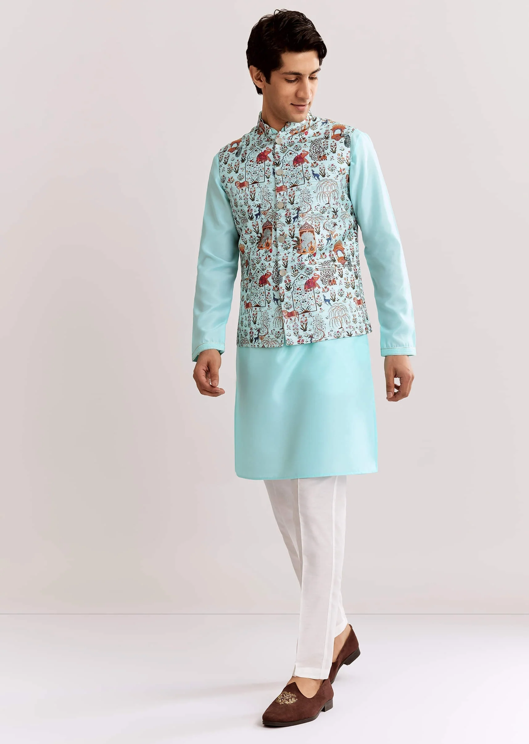Sky Blue Jacquard Kurta Jacket Set With Animal Print - Image 2