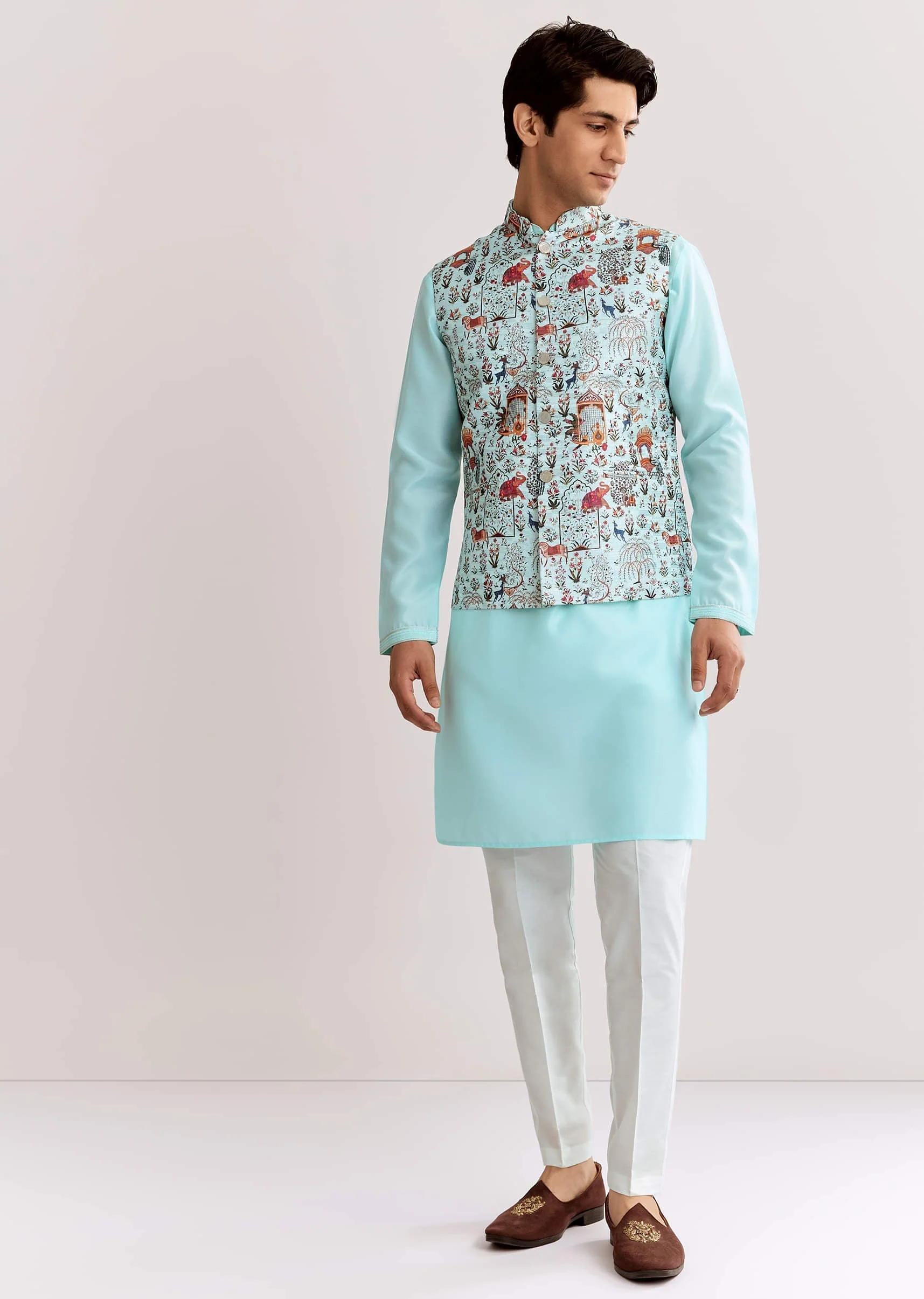 Sky Blue Jacquard Kurta Jacket Set With Animal Print - Image 4
