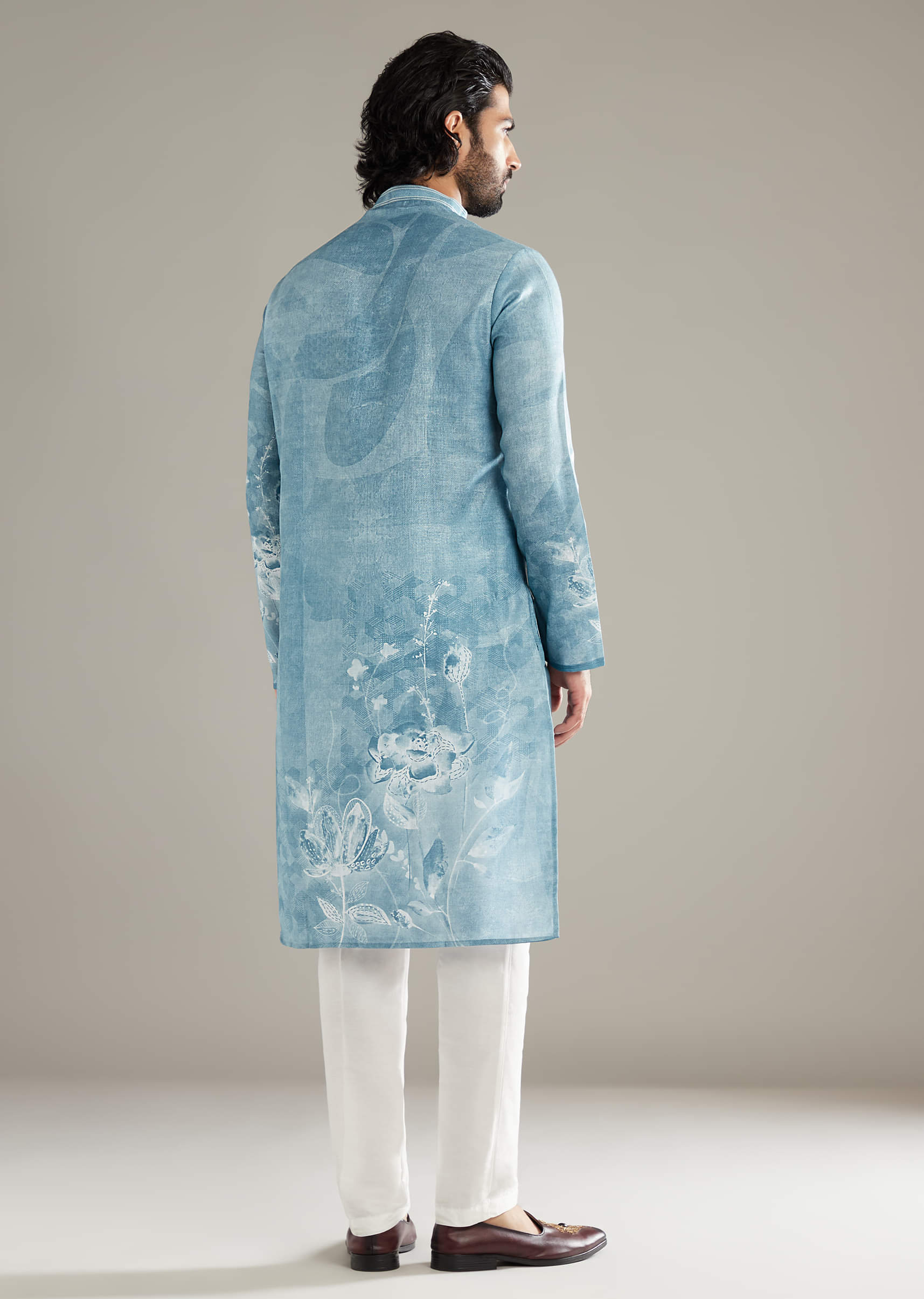 Sky Blue Kurta Set For Men With Printed Floral Motifs - Image 3