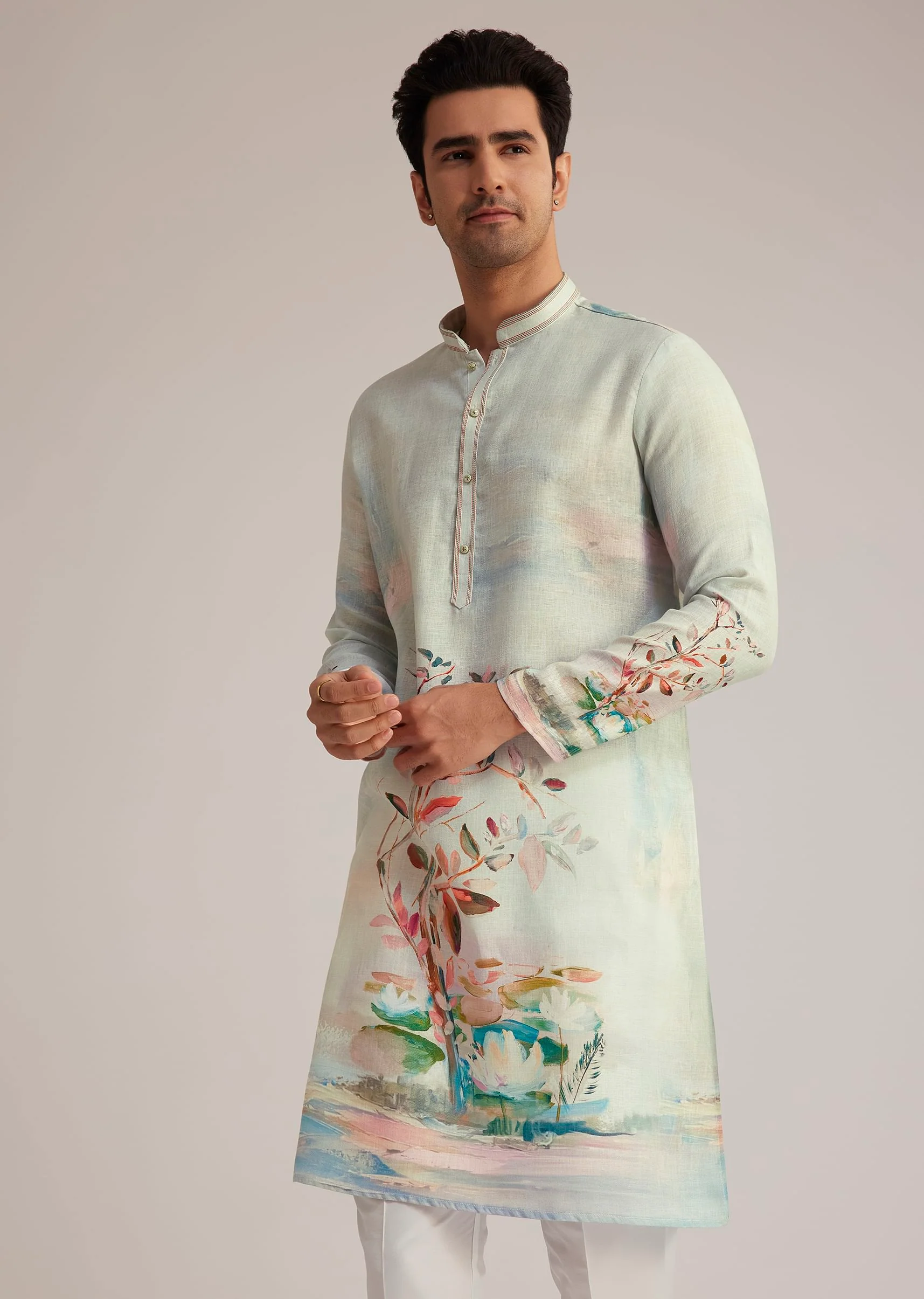Sky Blue Linen Kurta With Floral Print - Image 2