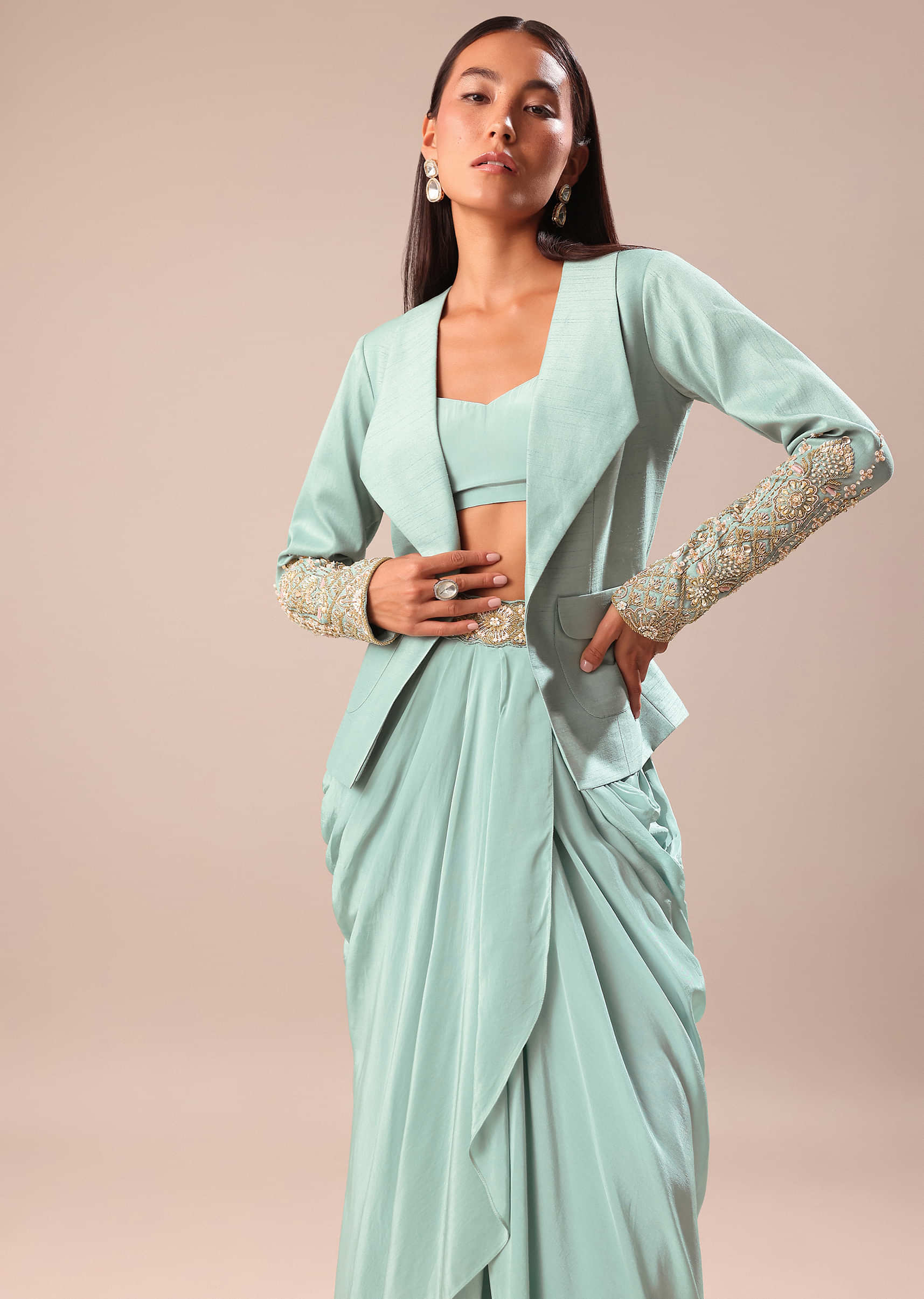 Sky Blue Draped Skirt With Embroidered Blouse And Jacket - Image 4