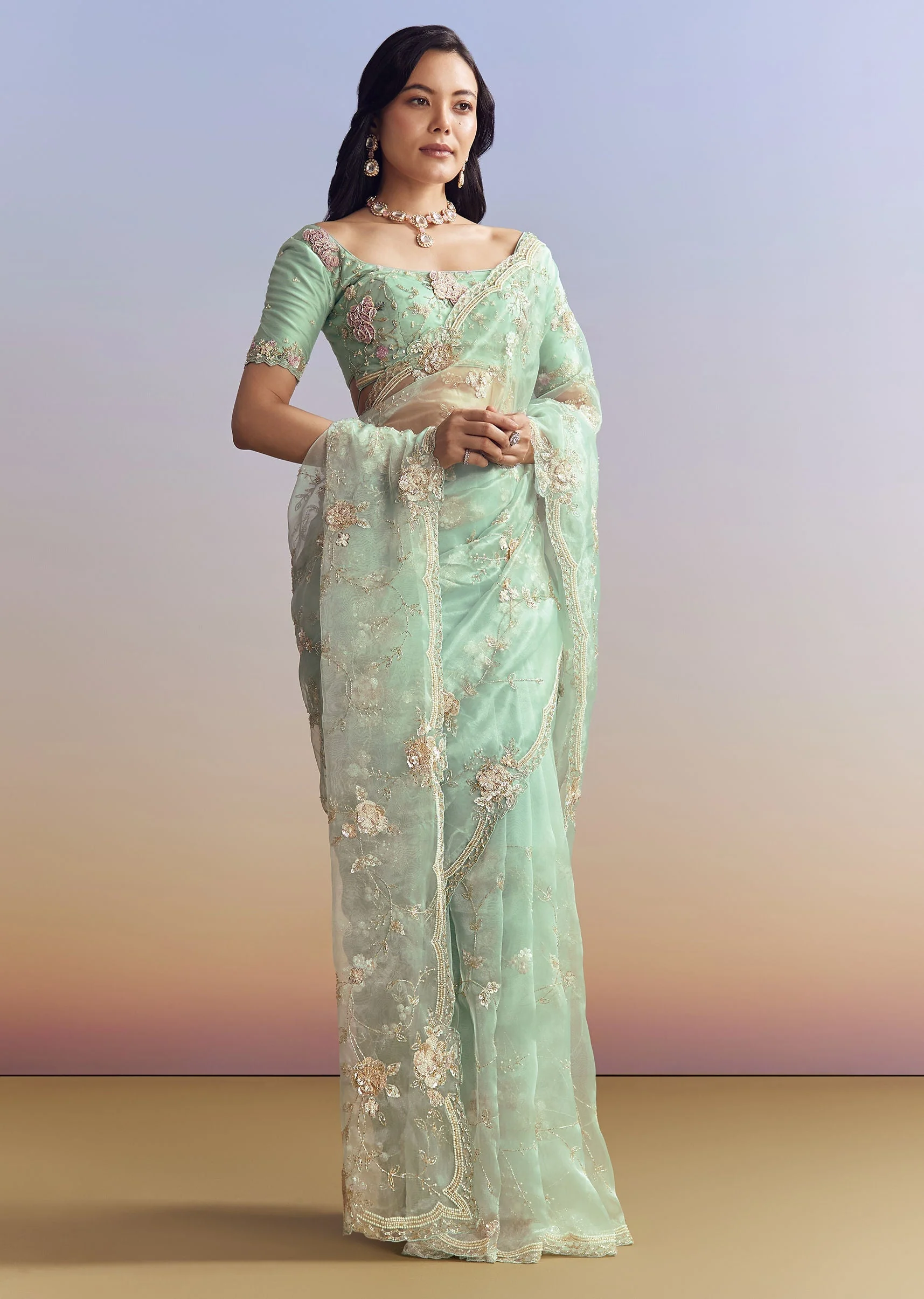 Sky Blue Organza Saree With Floral Jaal Embroidery