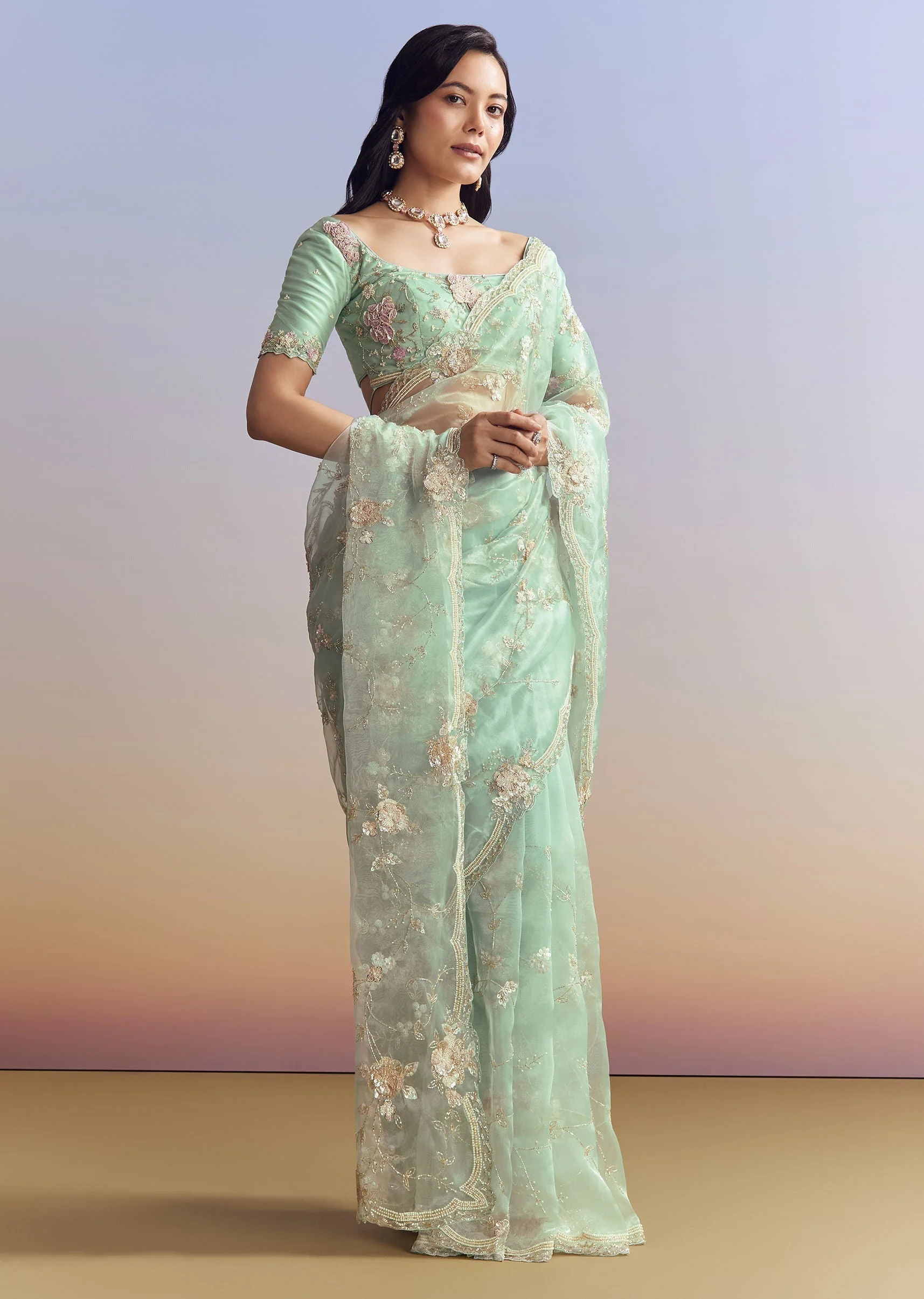 Sky Blue Organza Saree With Floral Jaal Embroidery - Image 3
