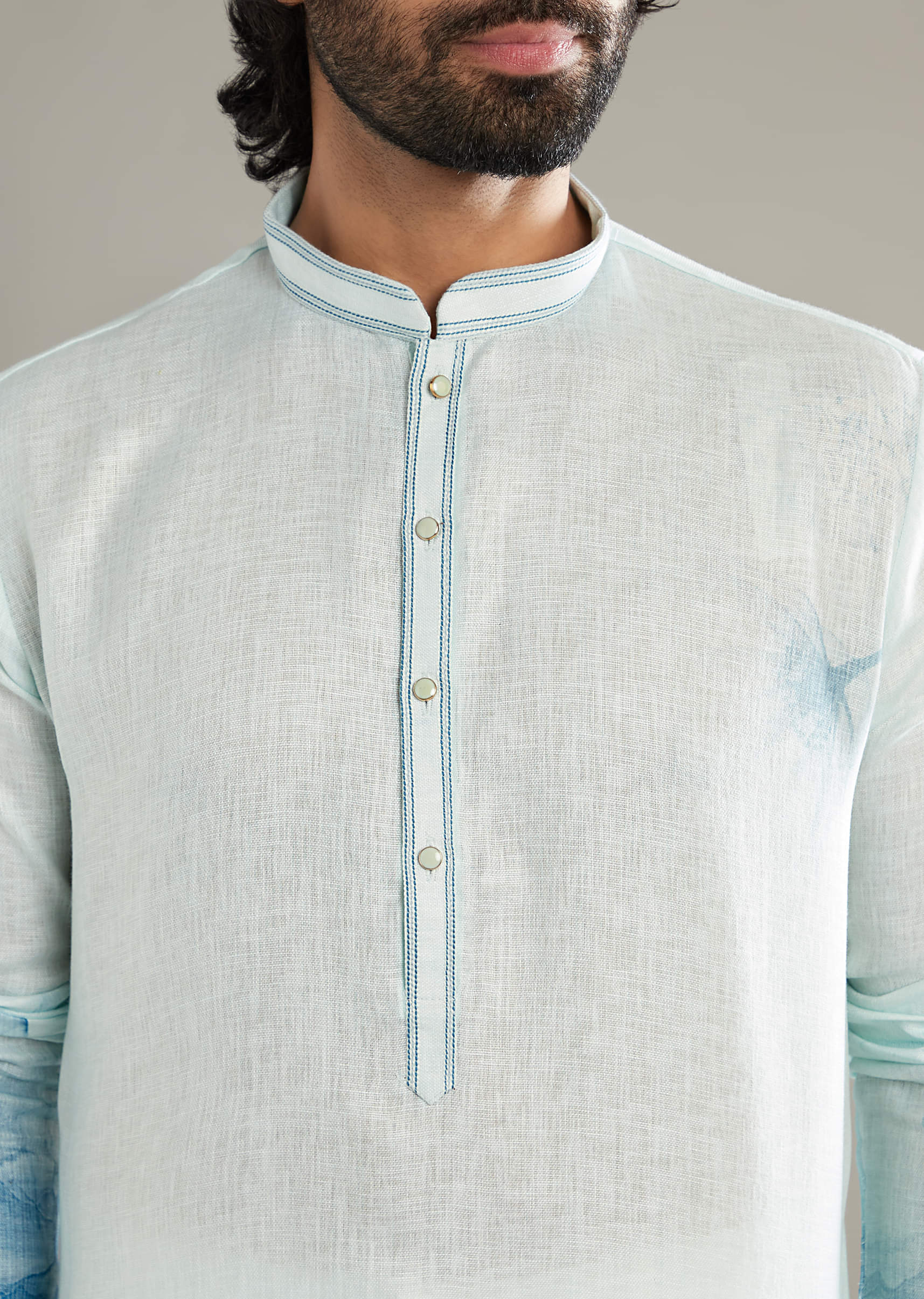 Sky Blue Printed Kurta Set For Men With Floral Motifs - Image 2