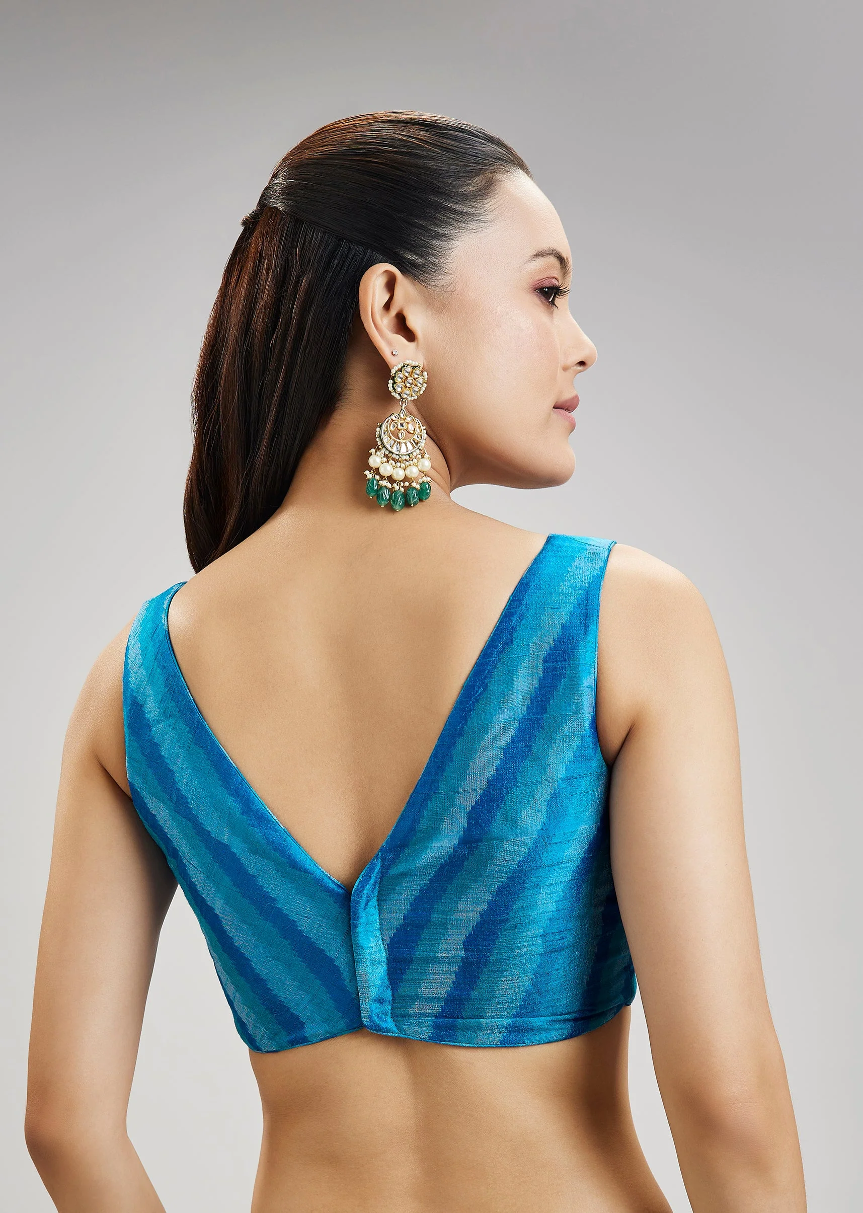 Sky Blue Pure Tussar Silk Ikat Potal Stitched Blouse - Image 2