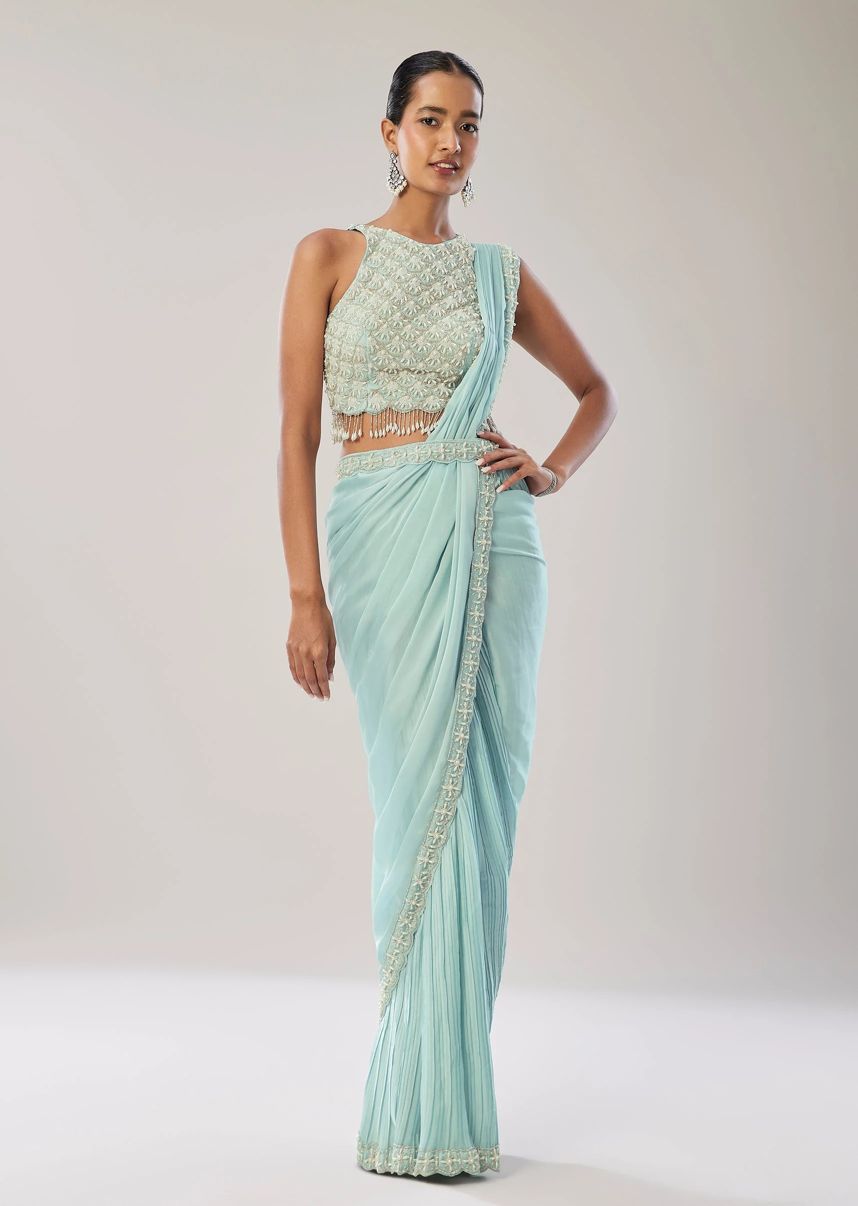 Sky Blue Ready Pleated Saree With Belt