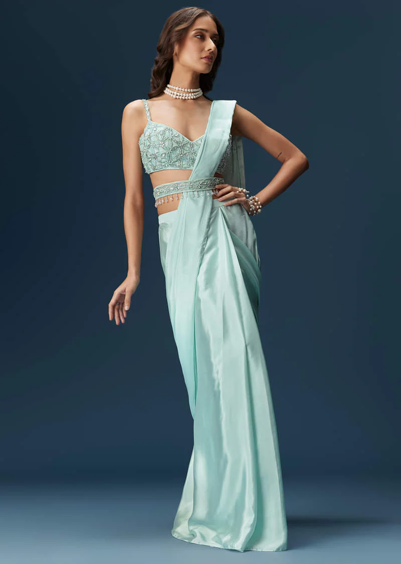 Sky Blue Ready Pleated Saree With Blouse And Belt - Image 4