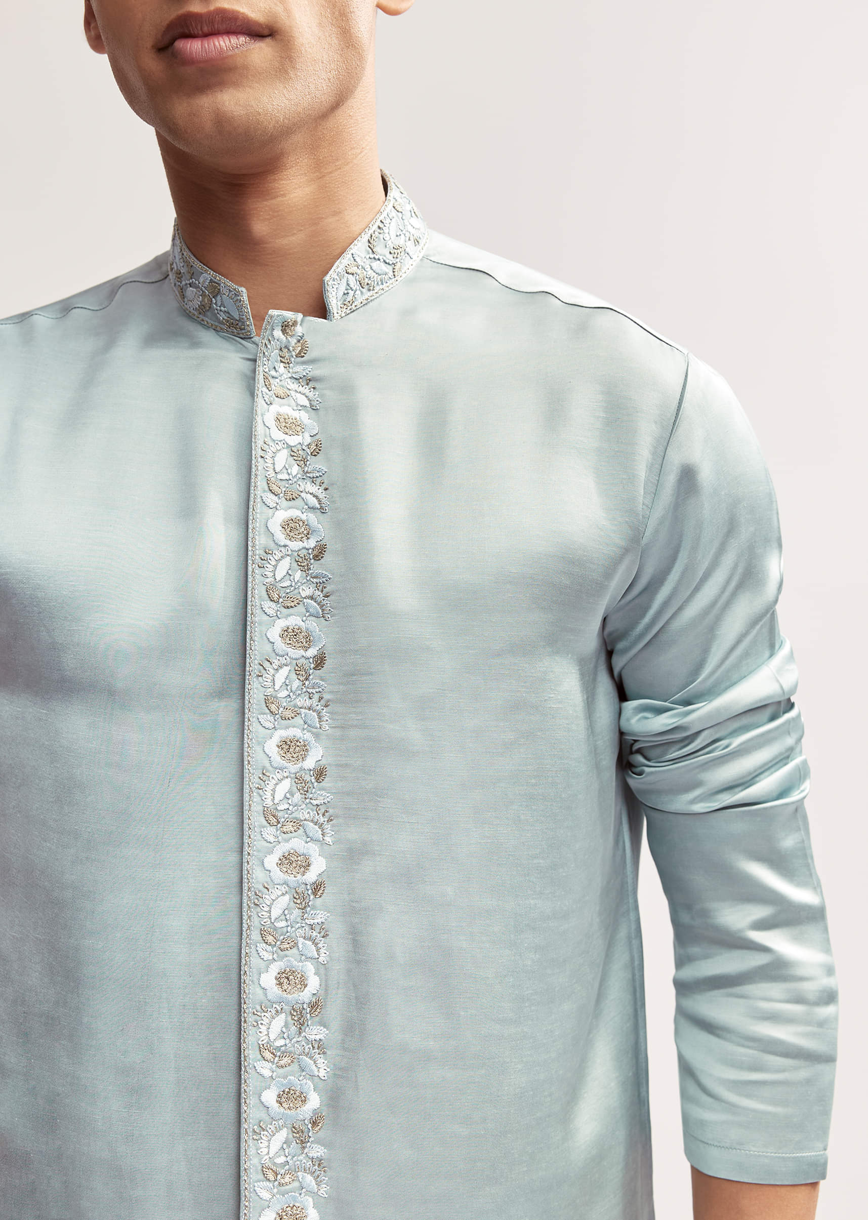 Sky Blue Satin Blend Kurta Set For Men With Zardosi Hand Embroidery - Image 2
