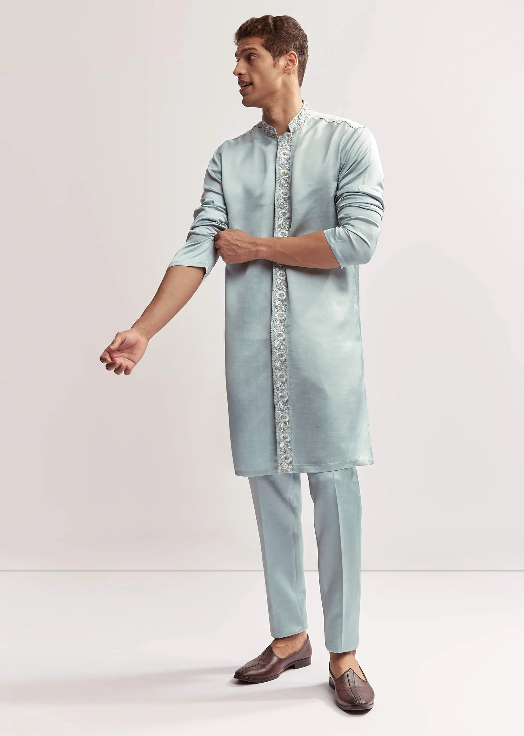 Sky Blue Satin Blend Kurta Set For Men With Zardosi Hand Embroidery - Image 7