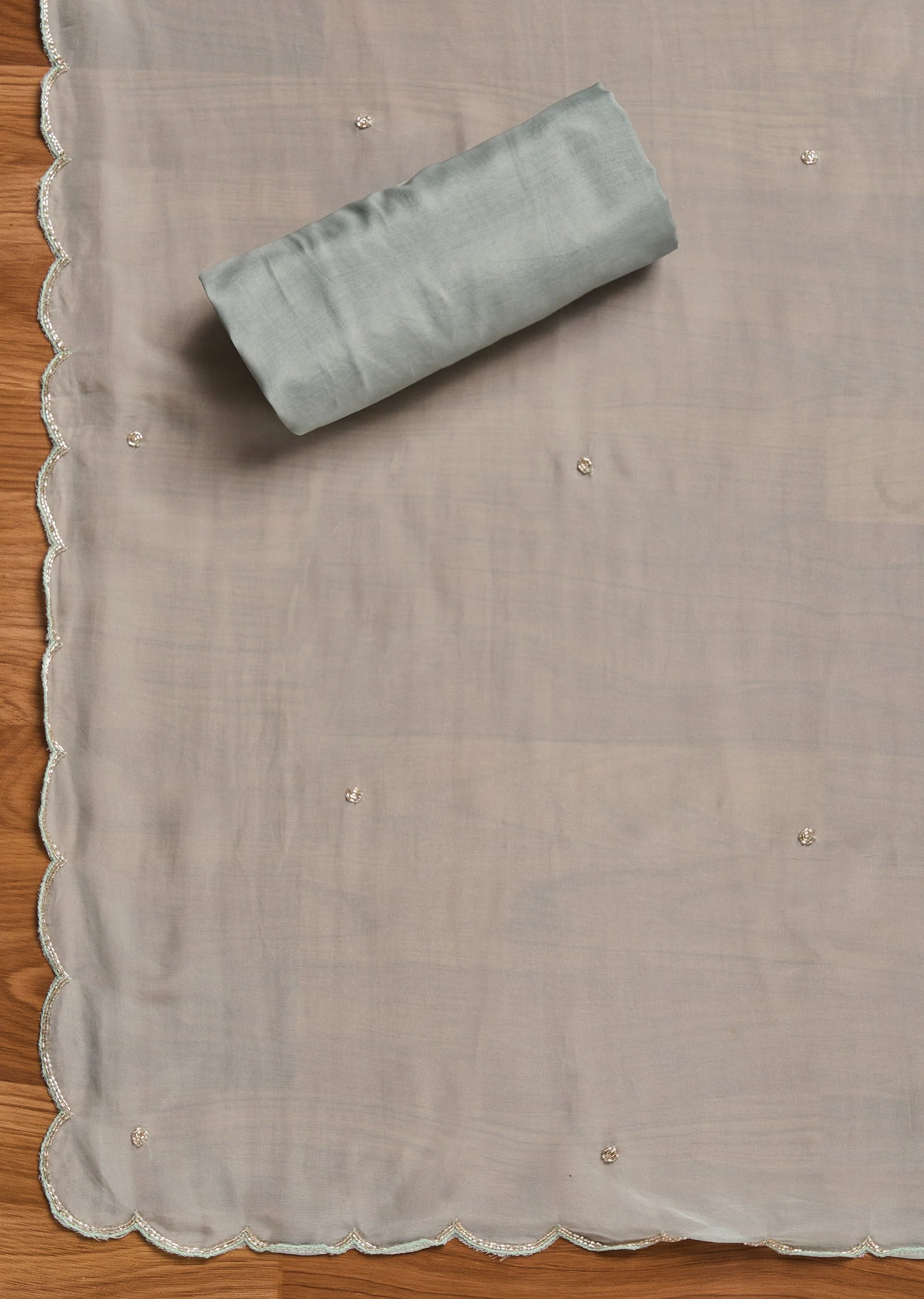 Sky Blue Satin Unstitched Suit With Dupatta - Image 4
