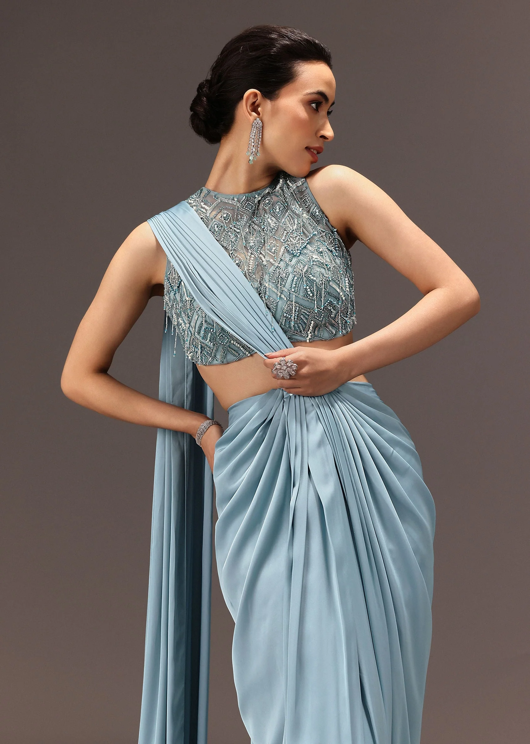 Sky Blue Semi Stitched Saree With Embroidered Blouse - Image 2