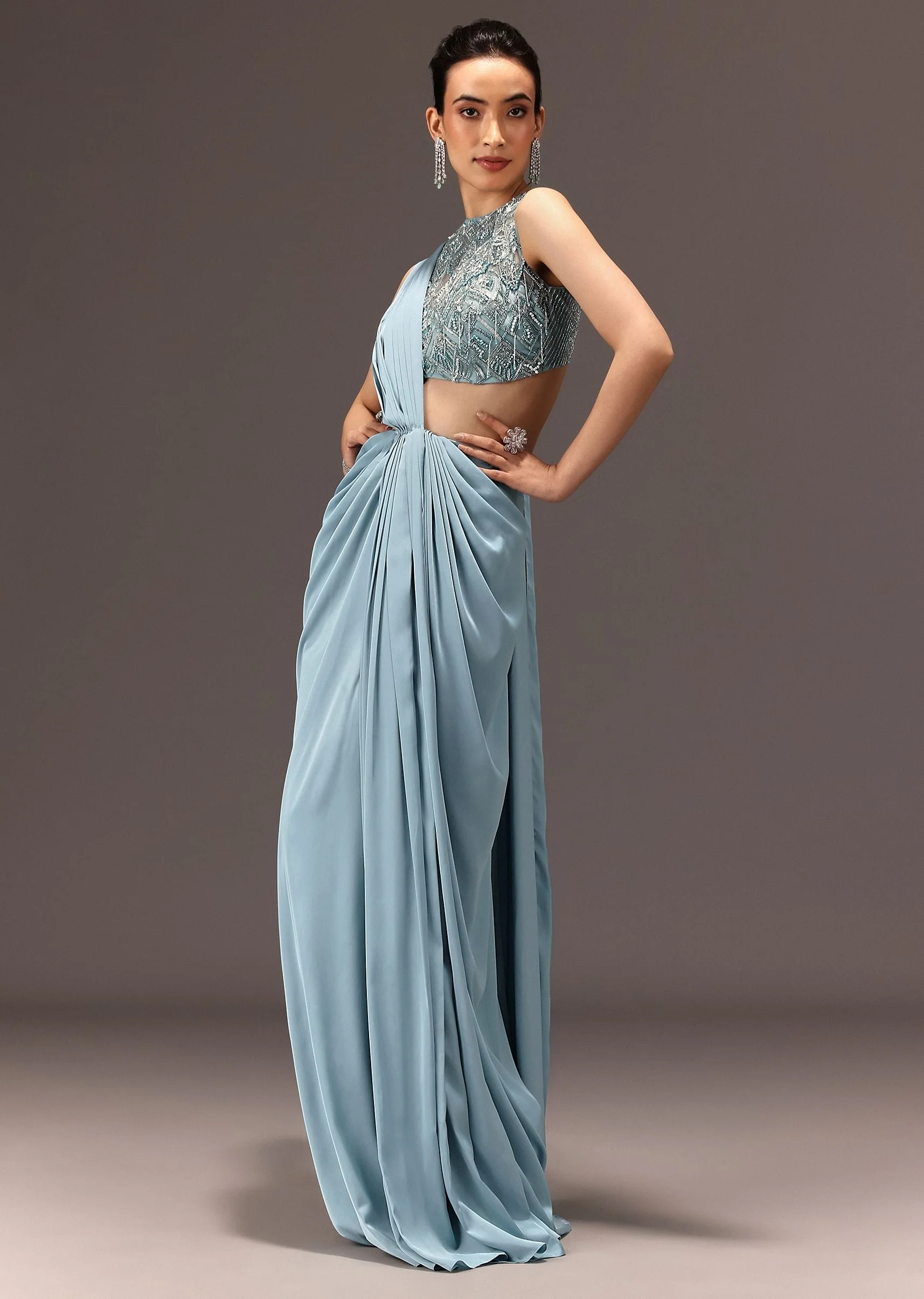 Sky Blue Semi Stitched Saree With Embroidered Blouse - Image 3