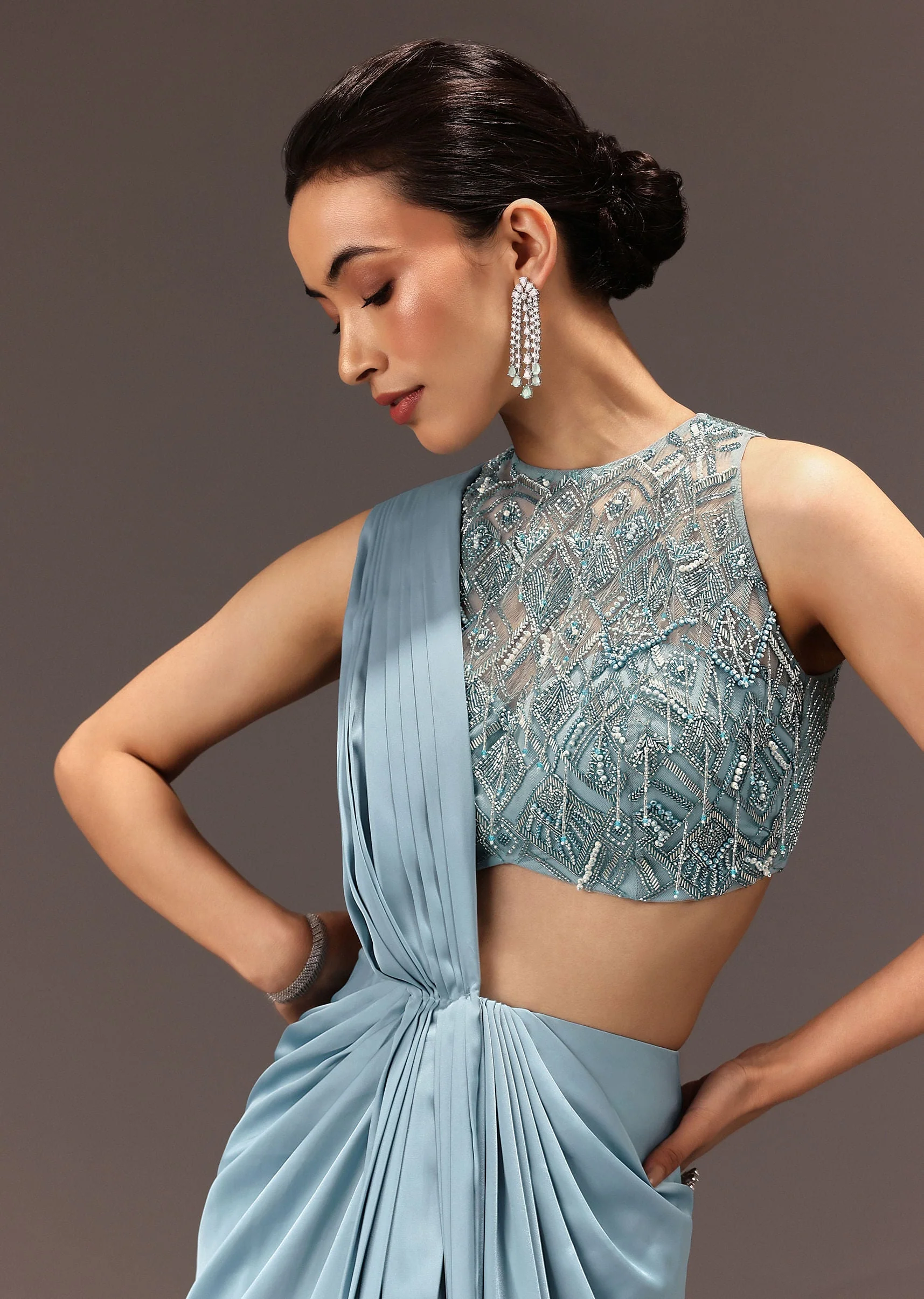 Sky Blue Semi Stitched Saree With Embroidered Blouse - Image 4