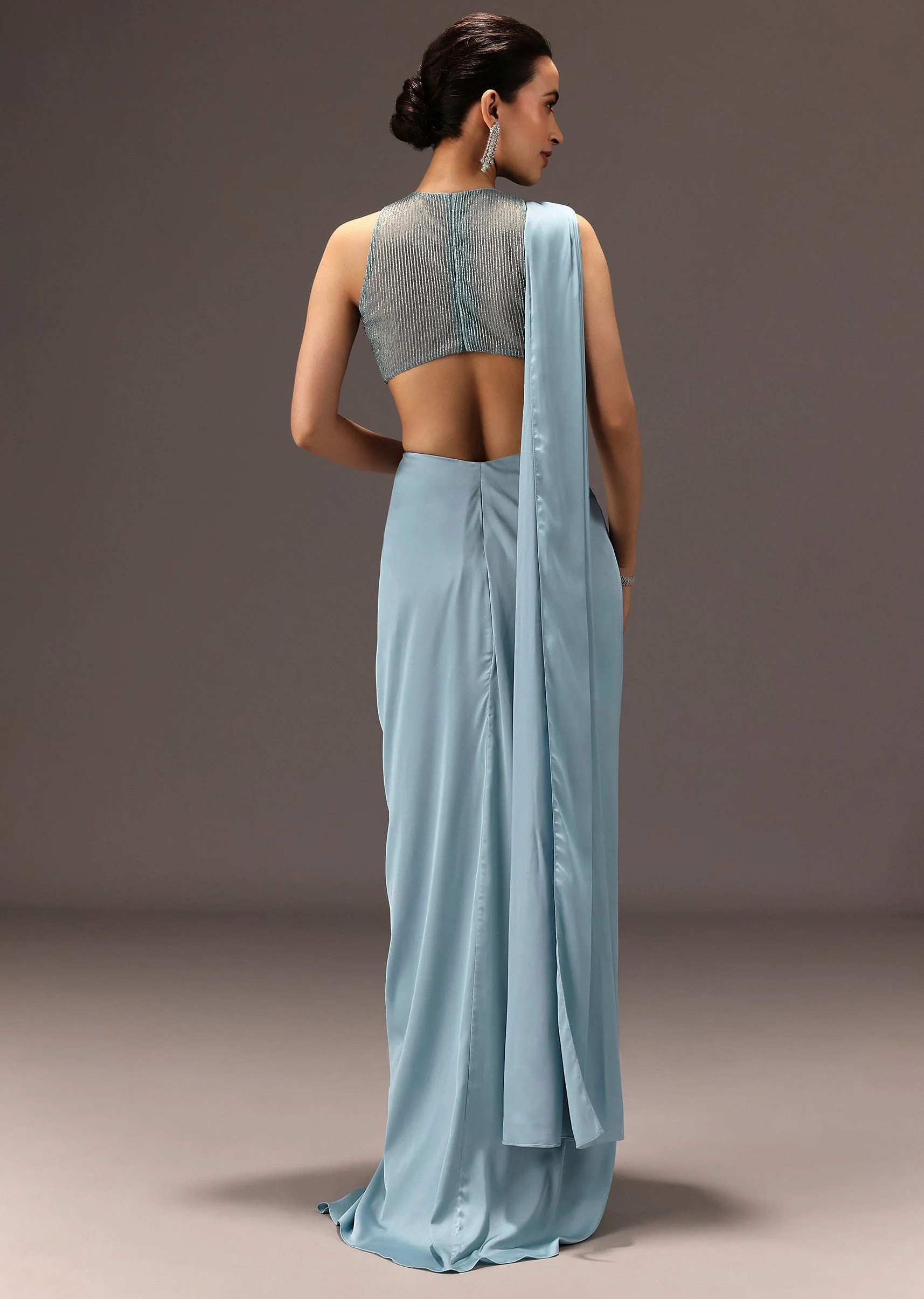 Sky Blue Semi Stitched Saree With Embroidered Blouse - Image 5