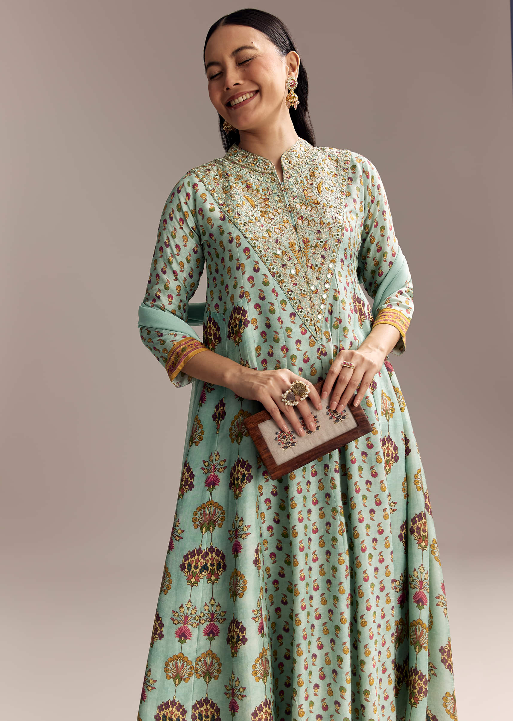 Sky Blue Silk Anarkali Suit With Boho Multi Print - Image 4