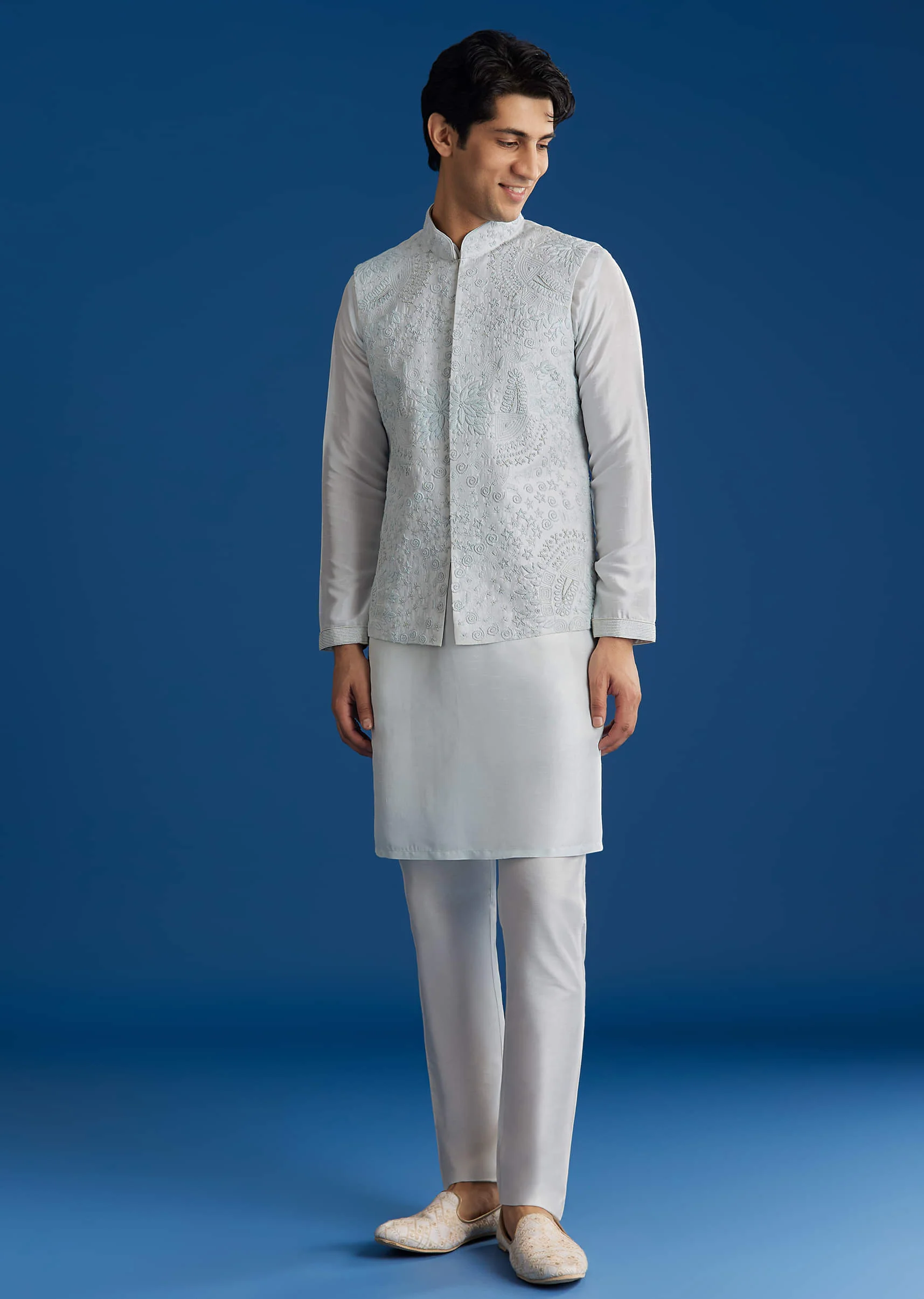 Sky Blue Silk Embroidered Jacket Kurta Set - Image 5