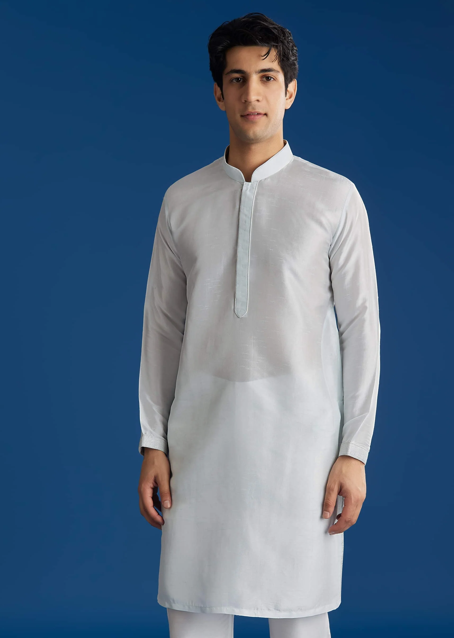 Sky Blue Silk Embroidered Jacket Kurta Set - Image 7