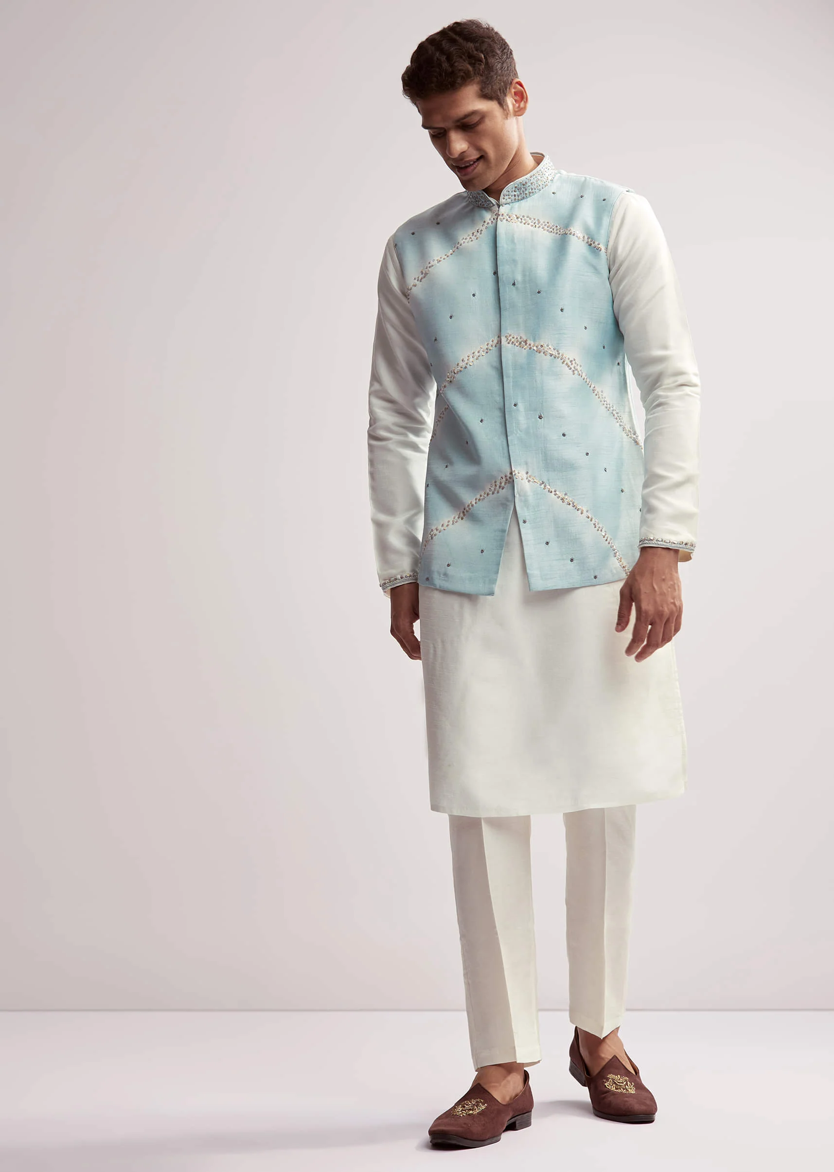 Sky Blue Silk Kurta Jacket Set For Men With Hand Embroidery - Image 3
