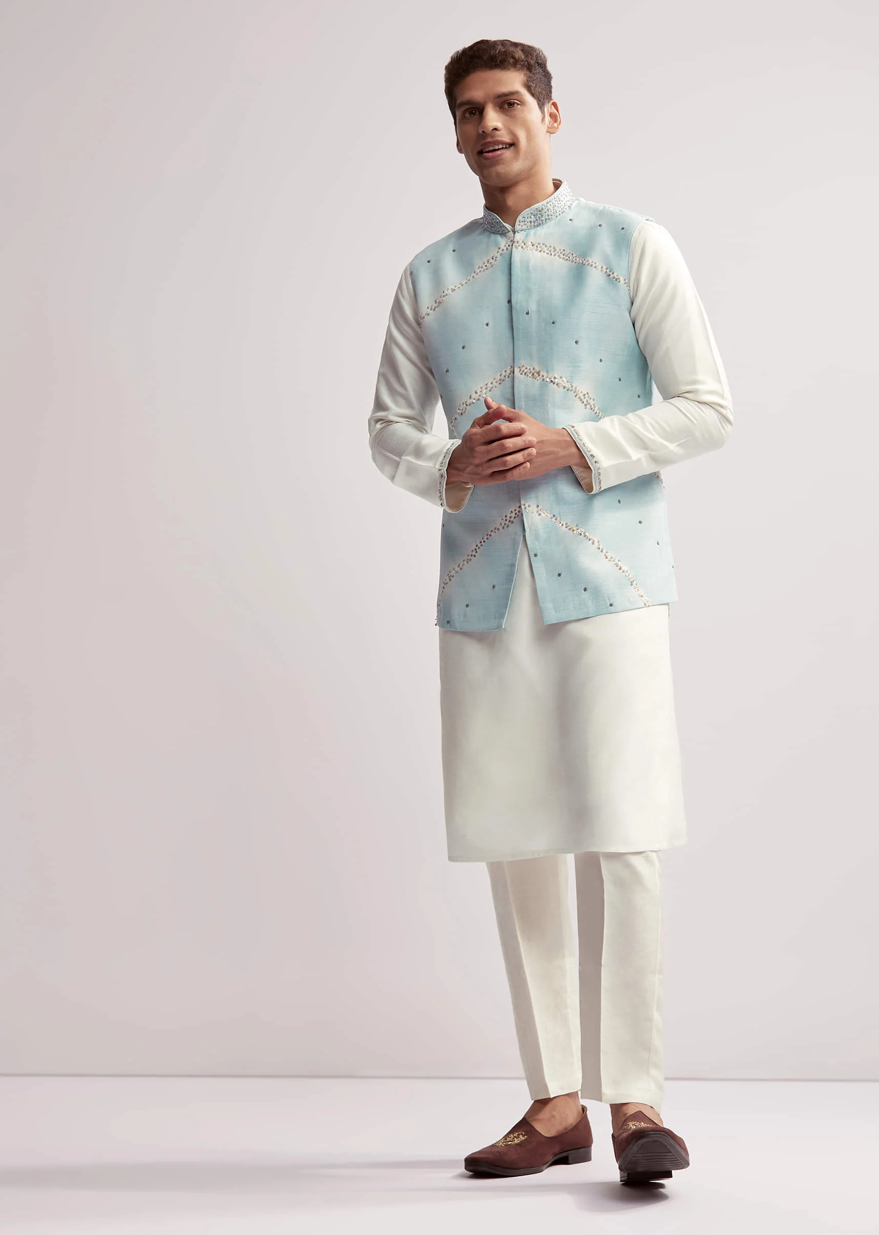 Sky Blue Silk Kurta Jacket Set For Men With Hand Embroidery - Image 8
