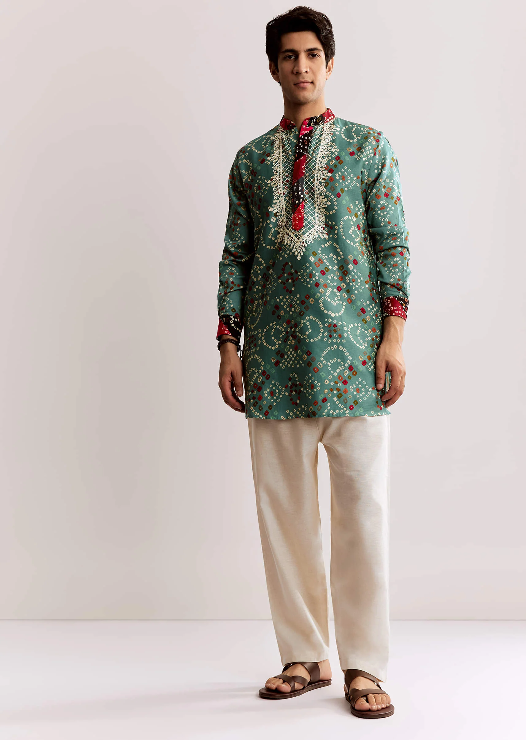 Sky Blue Silk Kurta Set With Bandhani Print - Image 2