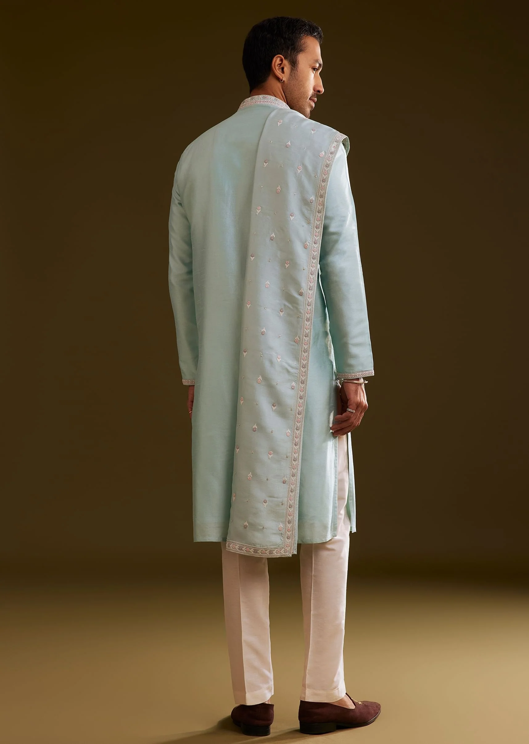 Sky Blue Silk Kurta Set With Embroidered Dupatta - Image 5