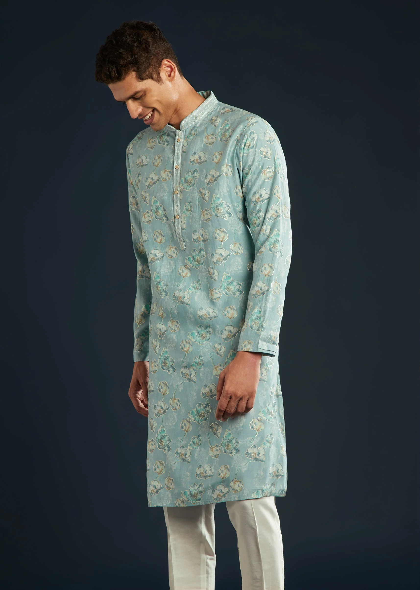 Sky Blue Silk Kurta Set with Floral Motifs - Image 4