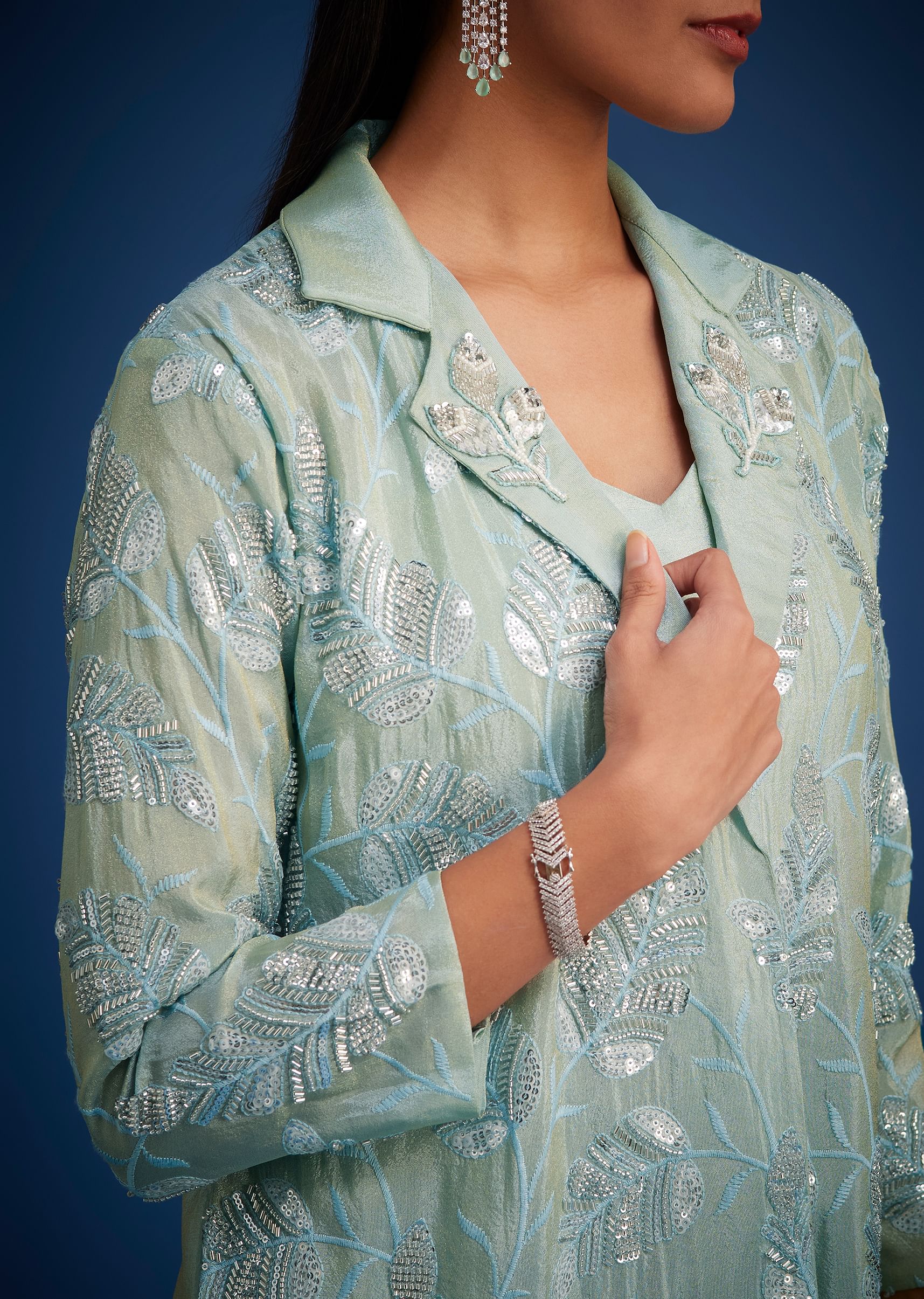 Sky Blue Tissue Embroidered Jacket Palazzo Set - Image 2