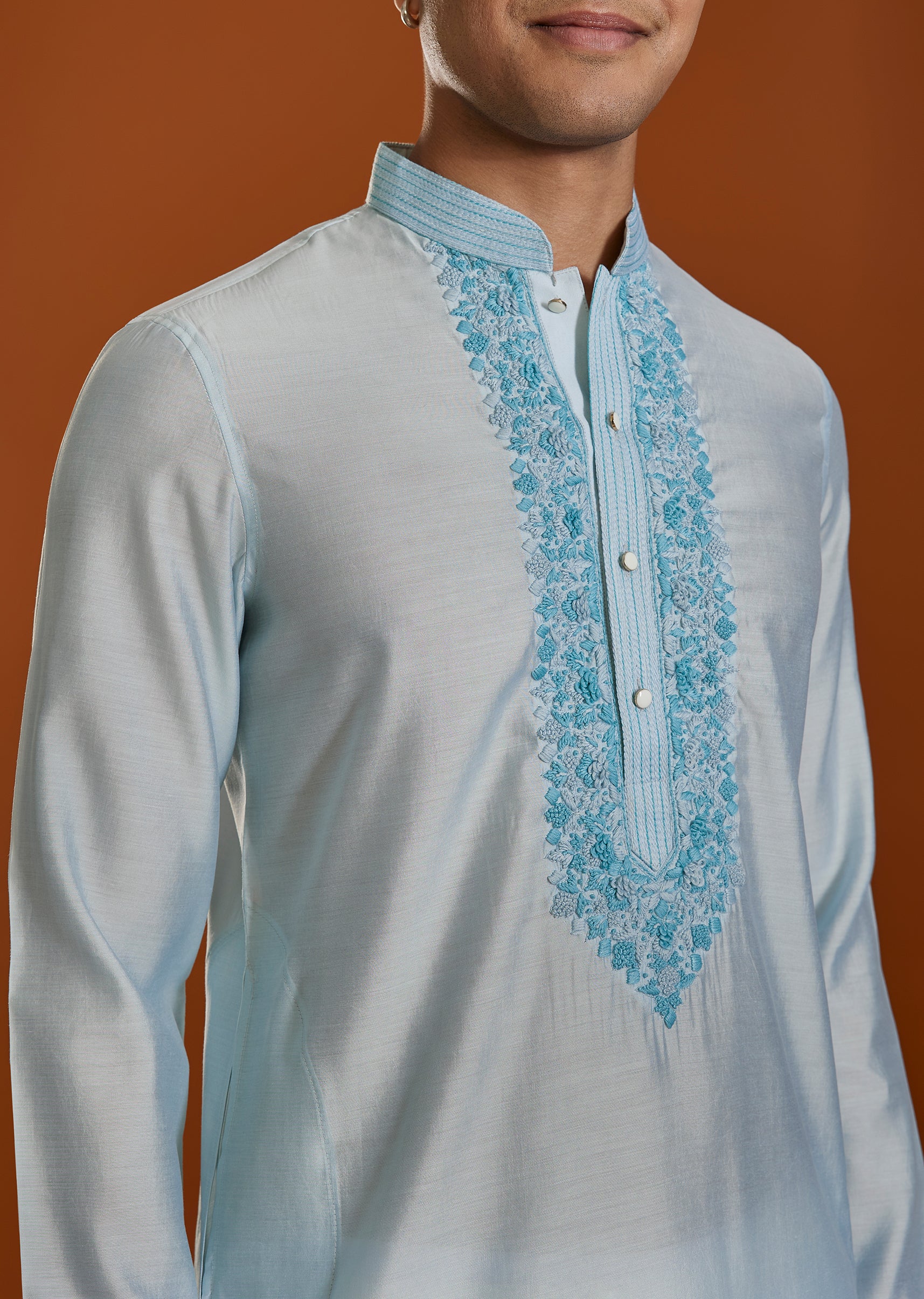 Sky Blue Viscose Resham Work Mens Kurta and Pant Set - Image 2