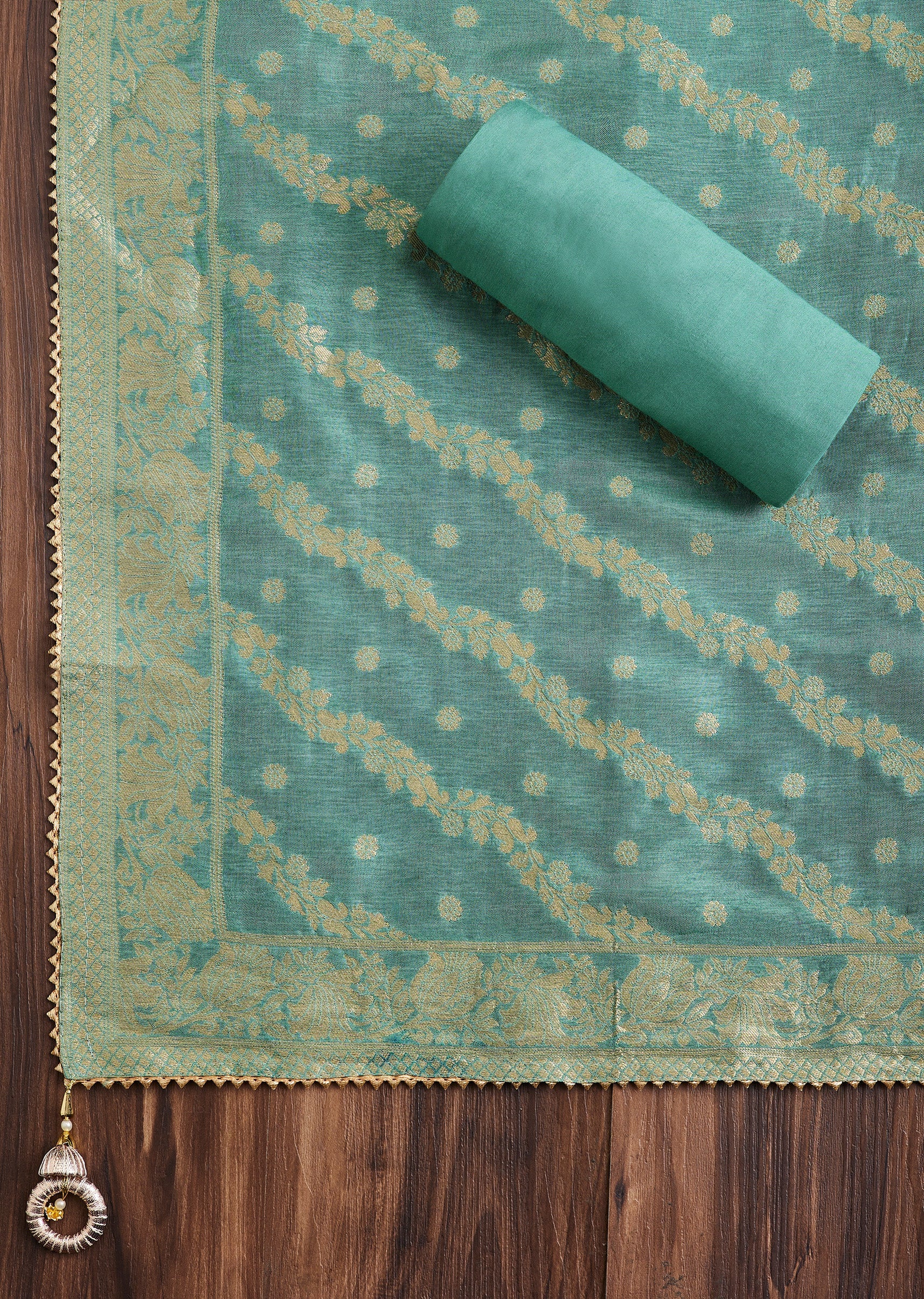 Soft Blue Embroidered Chanderi Unstitched Suit - Image 3