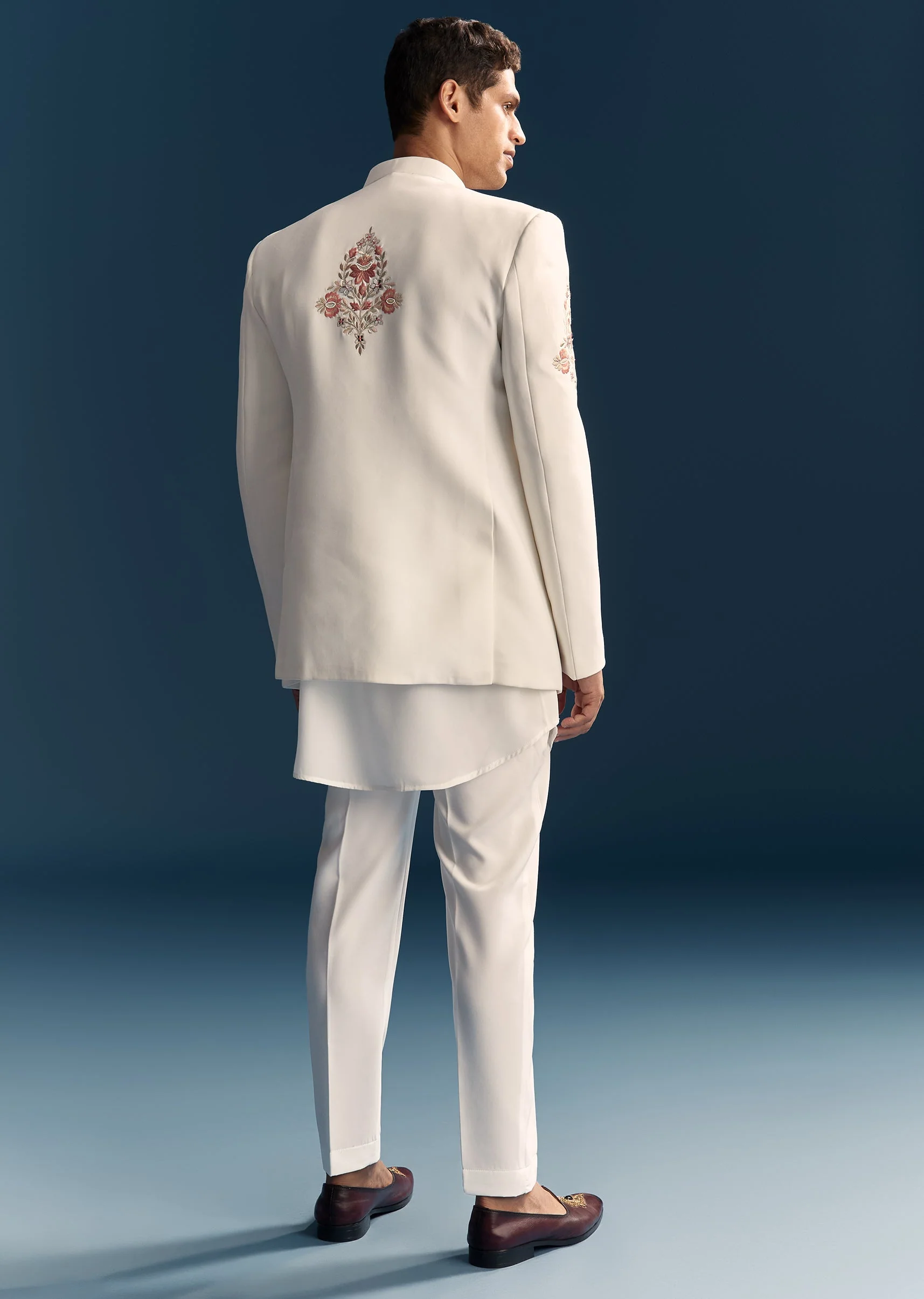 Soft Coordinated Couple Set – Off-White Floral Crop Top Palazzo Set With Cutdana For Her And Off-White Indo-Western Set With Hand Embroidery For Him - Image 10
