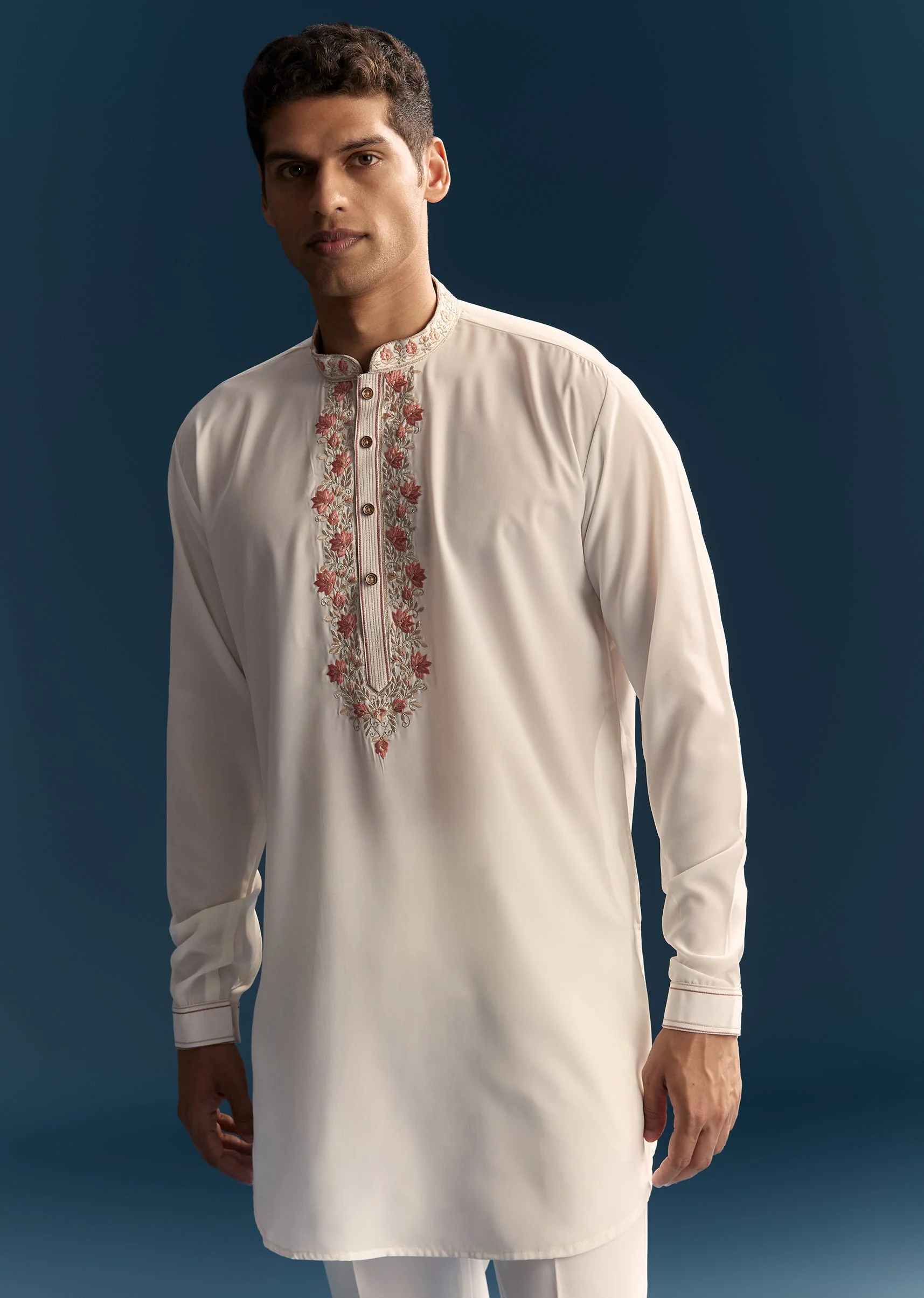 Soft Coordinated Couple Set – Off-White Floral Crop Top Palazzo Set With Cutdana For Her And Off-White Indo-Western Set With Hand Embroidery For Him - Image 11