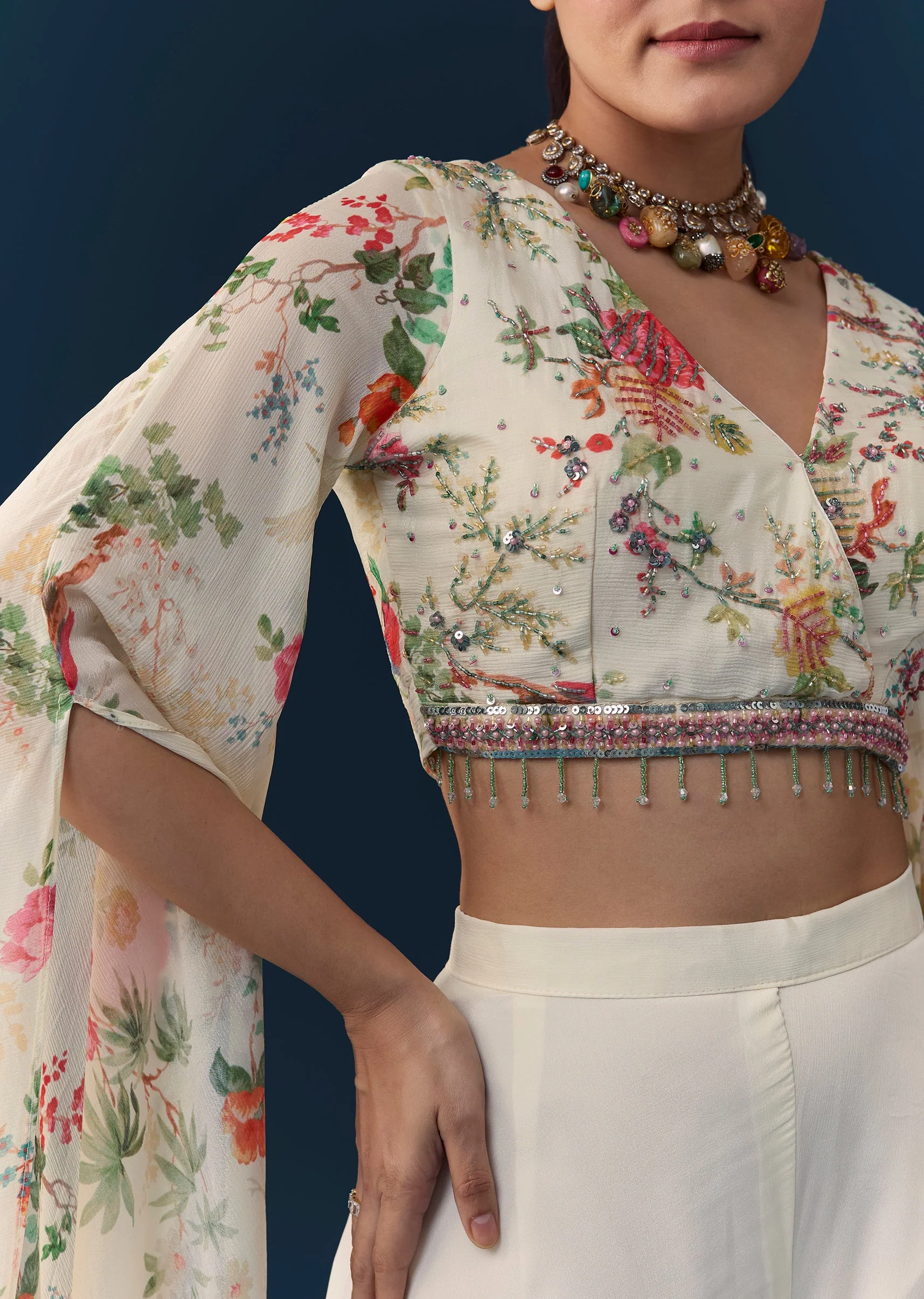 Soft Coordinated Couple Set – Off-White Floral Crop Top Palazzo Set With Cutdana For Her And Off-White Indo-Western Set With Hand Embroidery For Him - Image 2