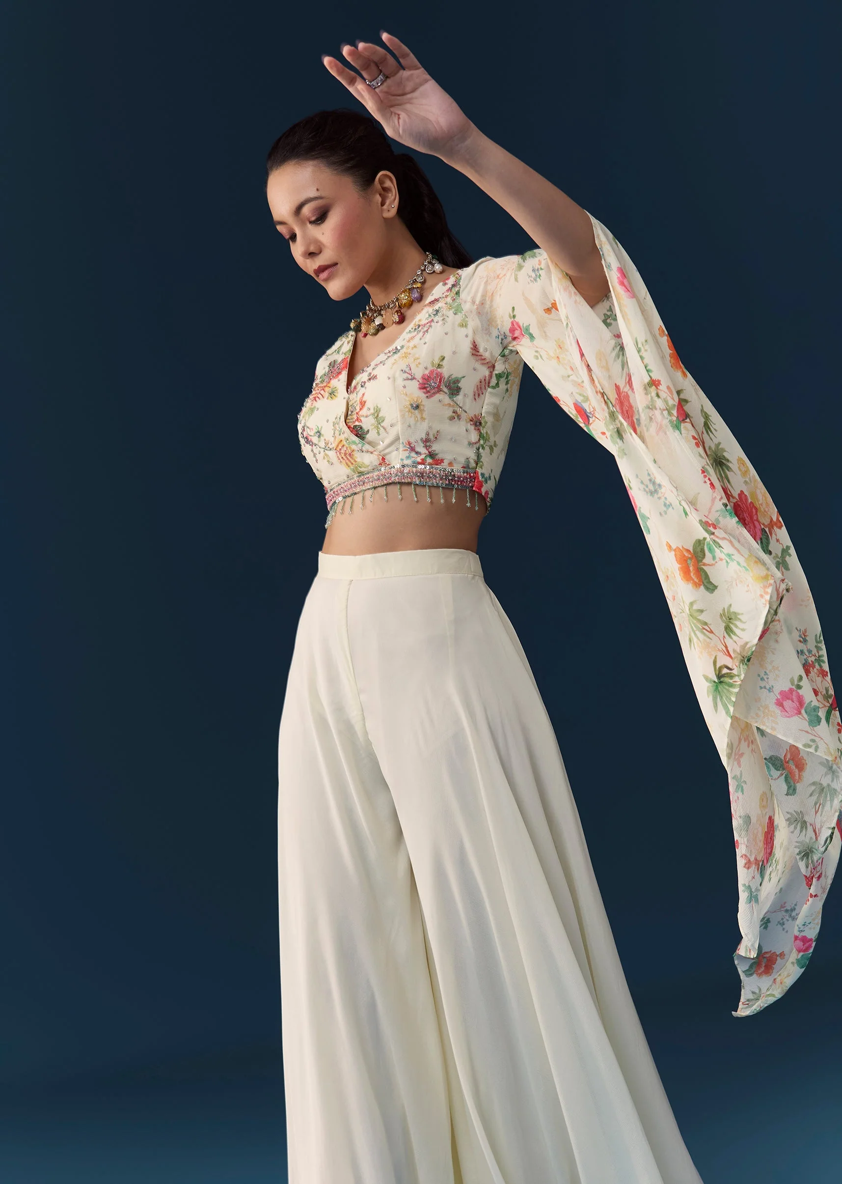 Soft Coordinated Couple Set – Off-White Floral Crop Top Palazzo Set With Cutdana For Her And Off-White Indo-Western Set With Hand Embroidery For Him - Image 5