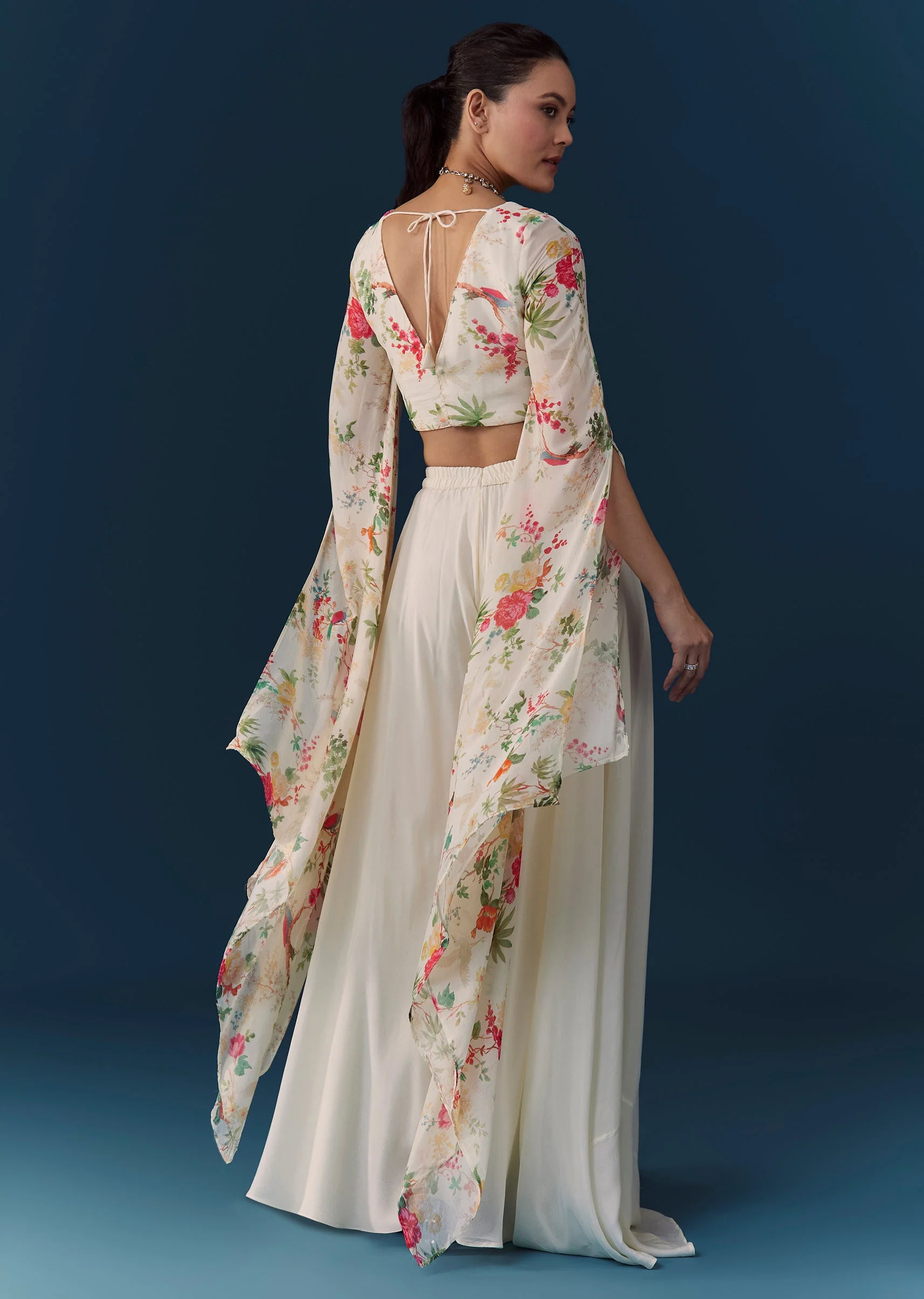 Soft Coordinated Couple Set – Off-White Floral Crop Top Palazzo Set With Cutdana For Her And Off-White Indo-Western Set With Hand Embroidery For Him - Image 6