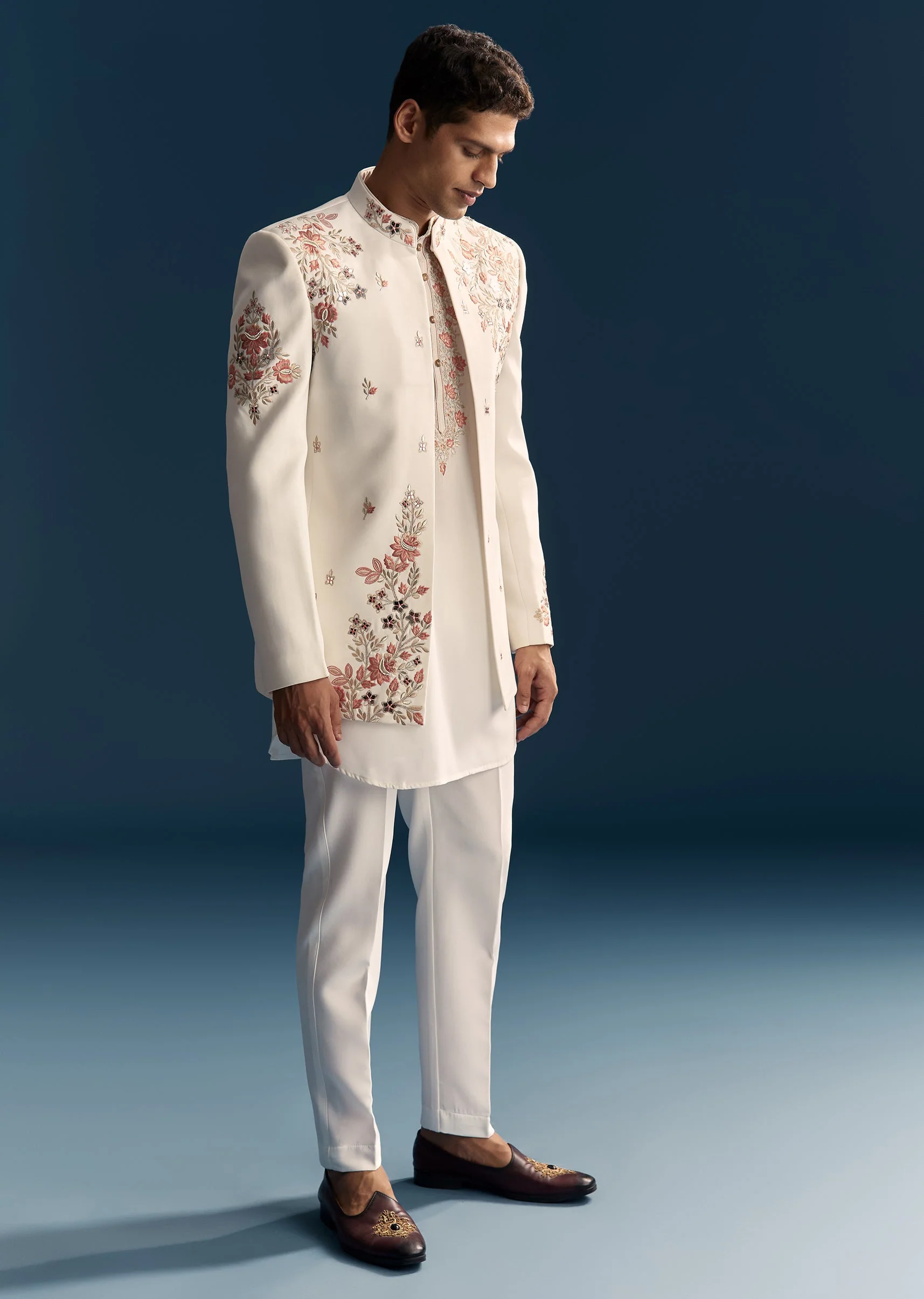 Soft Coordinated Couple Set – Off-White Floral Crop Top Palazzo Set With Cutdana For Her And Off-White Indo-Western Set With Hand Embroidery For Him - Image 8