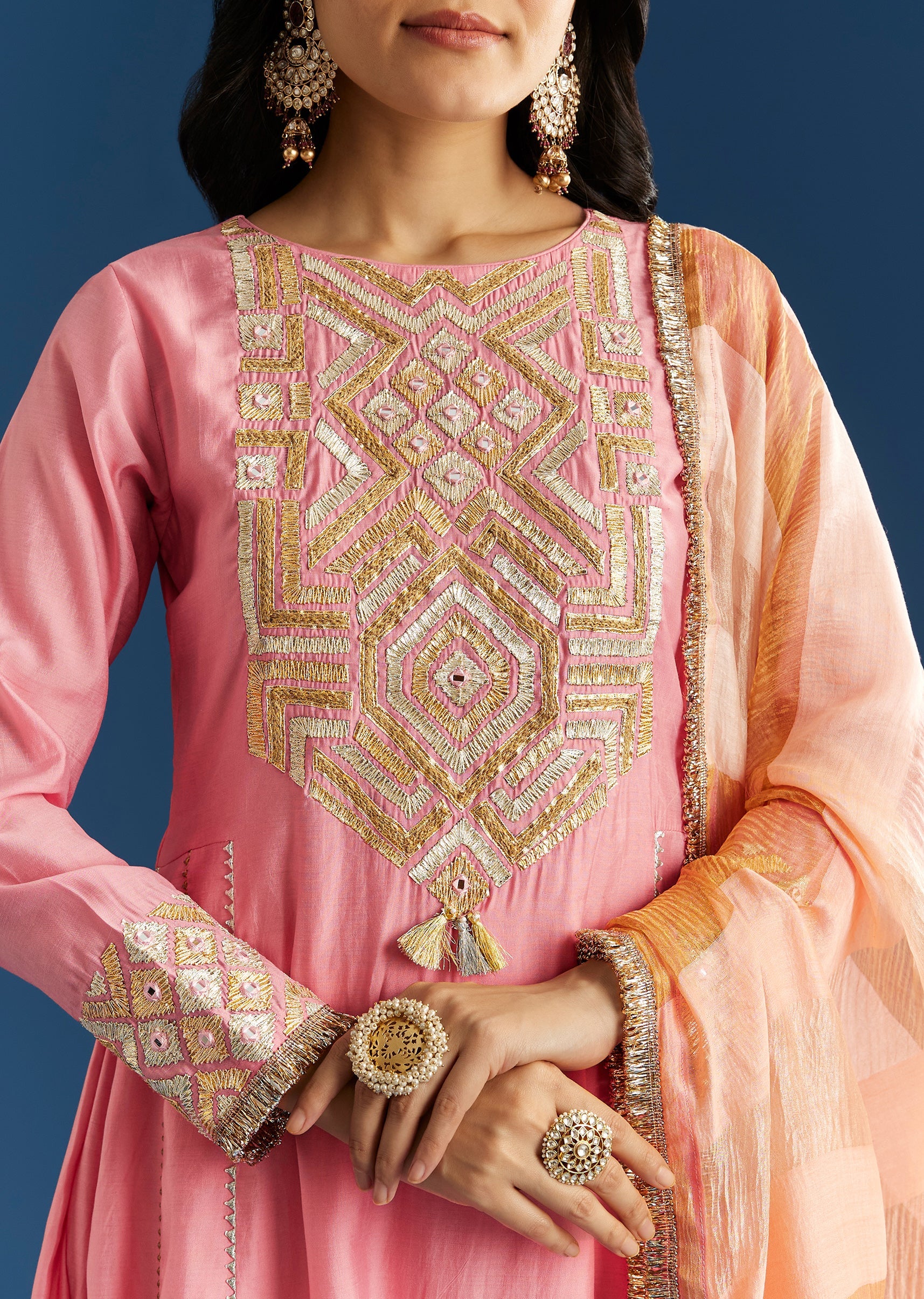 Soft Festive Couple Set – Pink Muslin Gotta Work Anarkali With Pant And Dupatta For Her And Pink Floral Print Art Silk Kurta Pant Set For Him - Image 3