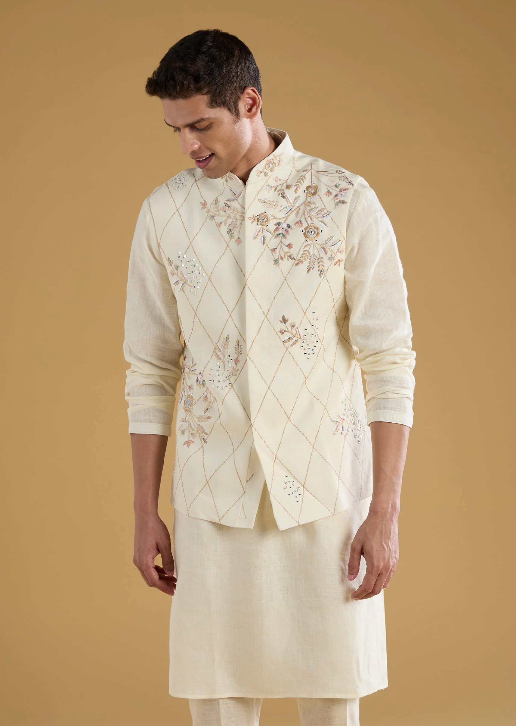 Soft Glow Couple Set – Off-White Heavy Embroidered Net Saree For Her And Cream Art Silk Jacket Kurta Set For Him - Image 11