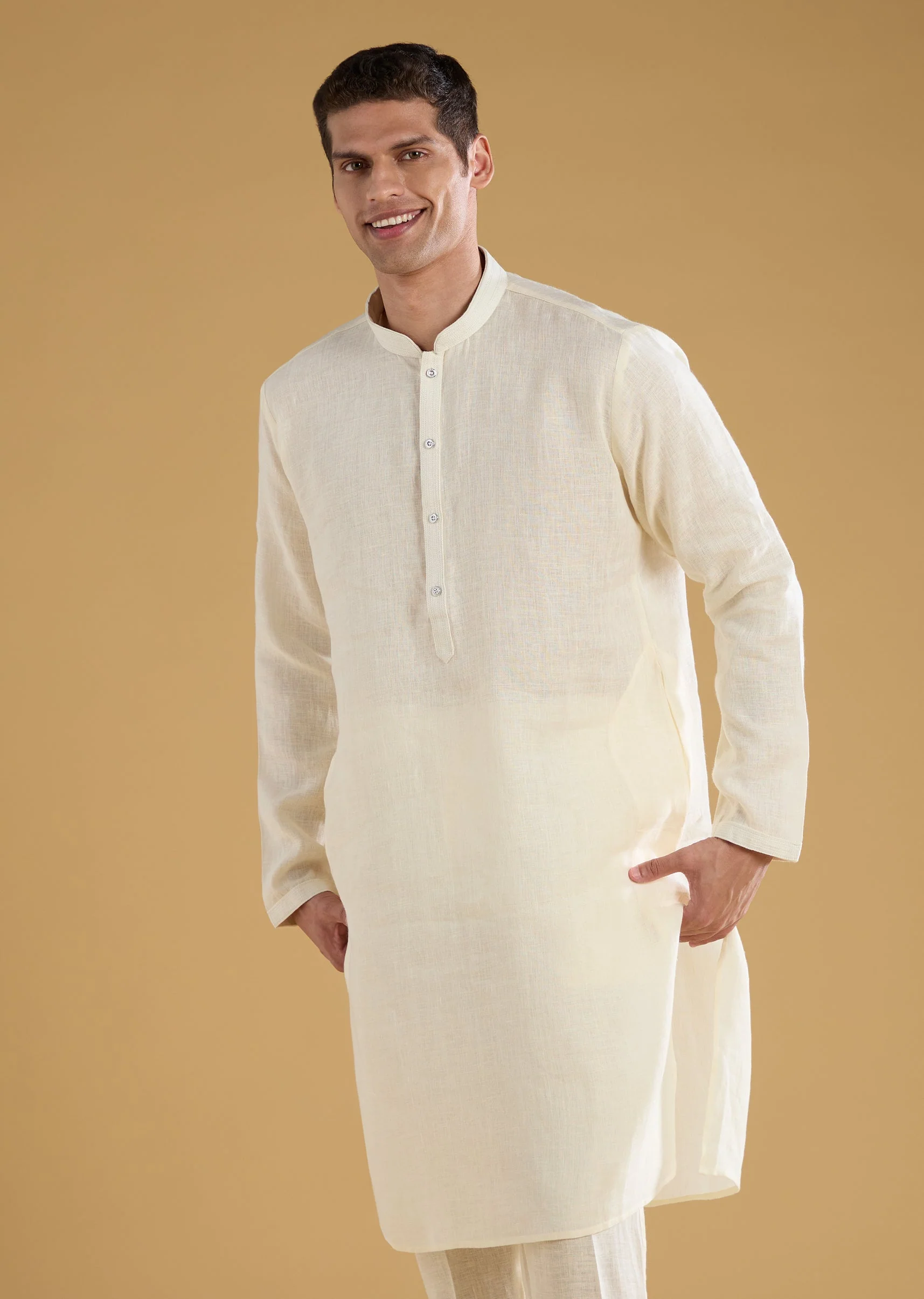 Soft Glow Couple Set – Off-White Heavy Embroidered Net Saree For Her And Cream Art Silk Jacket Kurta Set For Him - Image 12