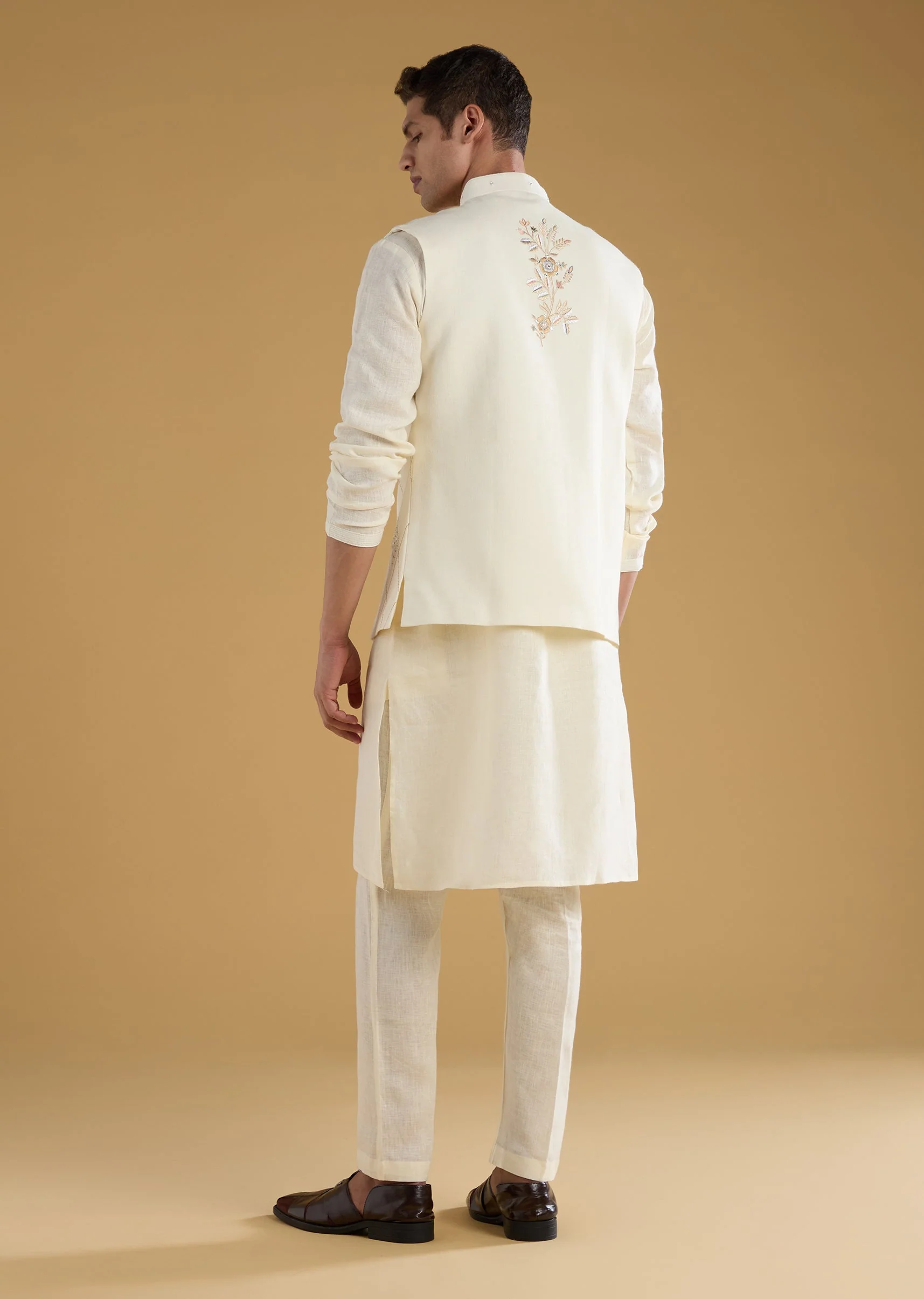 Soft Glow Couple Set – Off-White Heavy Embroidered Net Saree For Her And Cream Art Silk Jacket Kurta Set For Him - Image 13