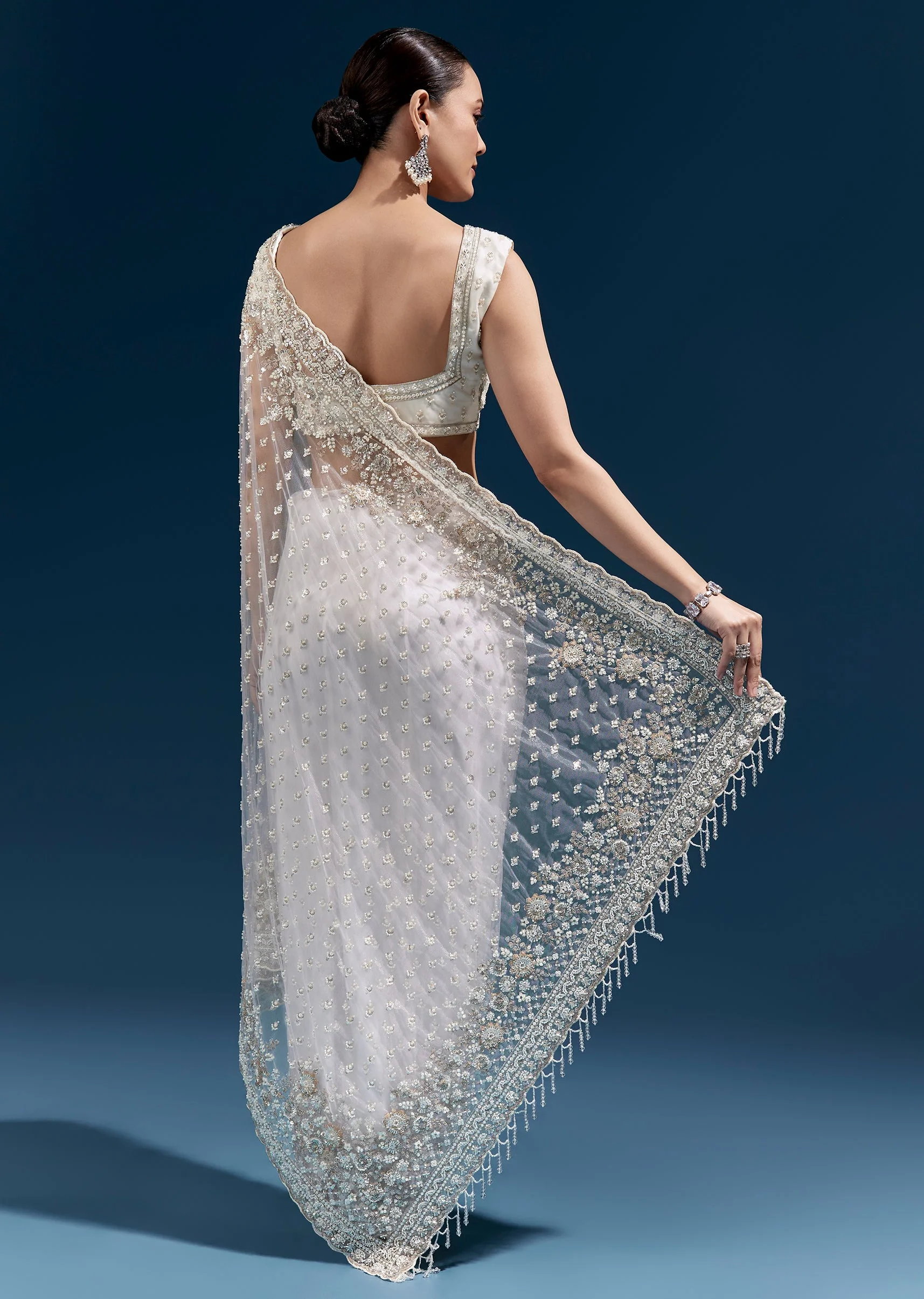 Soft Glow Couple Set – Off-White Heavy Embroidered Net Saree For Her And Cream Art Silk Jacket Kurta Set For Him - Image 4