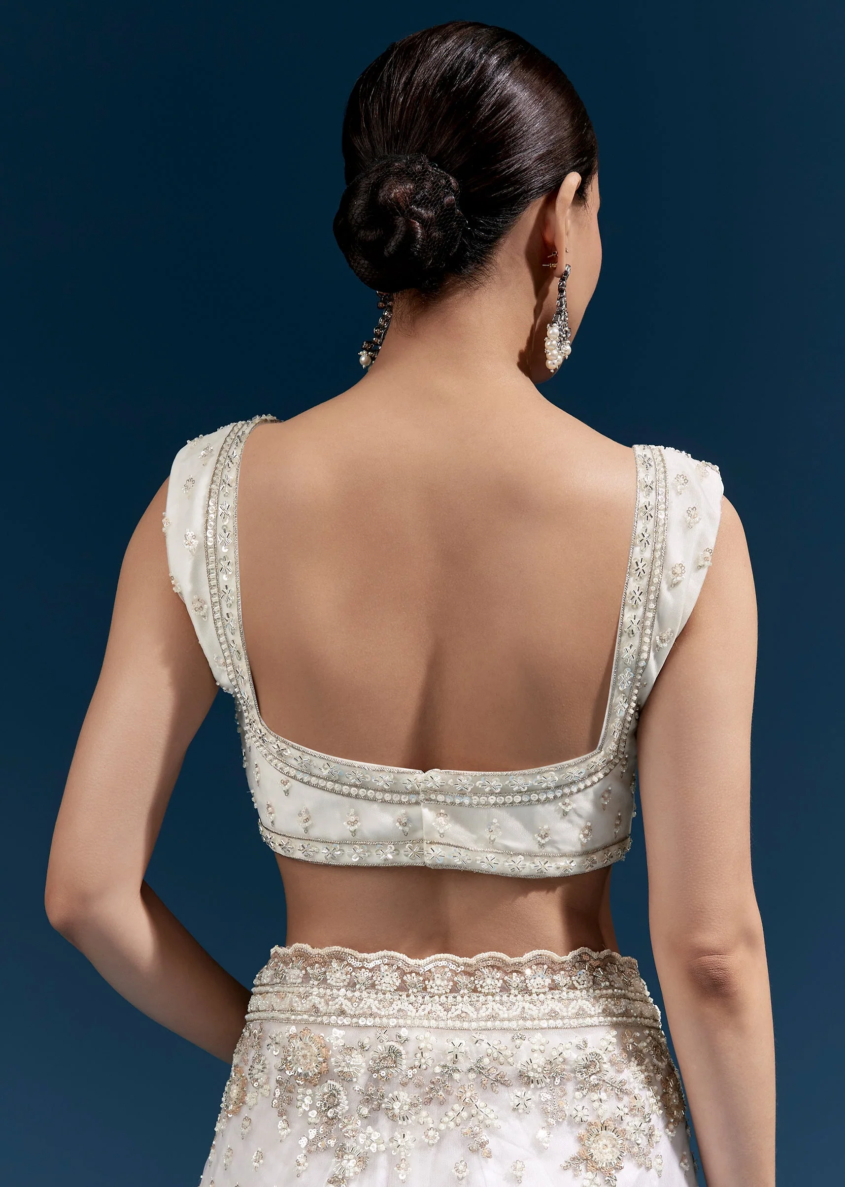Soft Glow Couple Set – Off-White Heavy Embroidered Net Saree For Her And Cream Art Silk Jacket Kurta Set For Him - Image 6