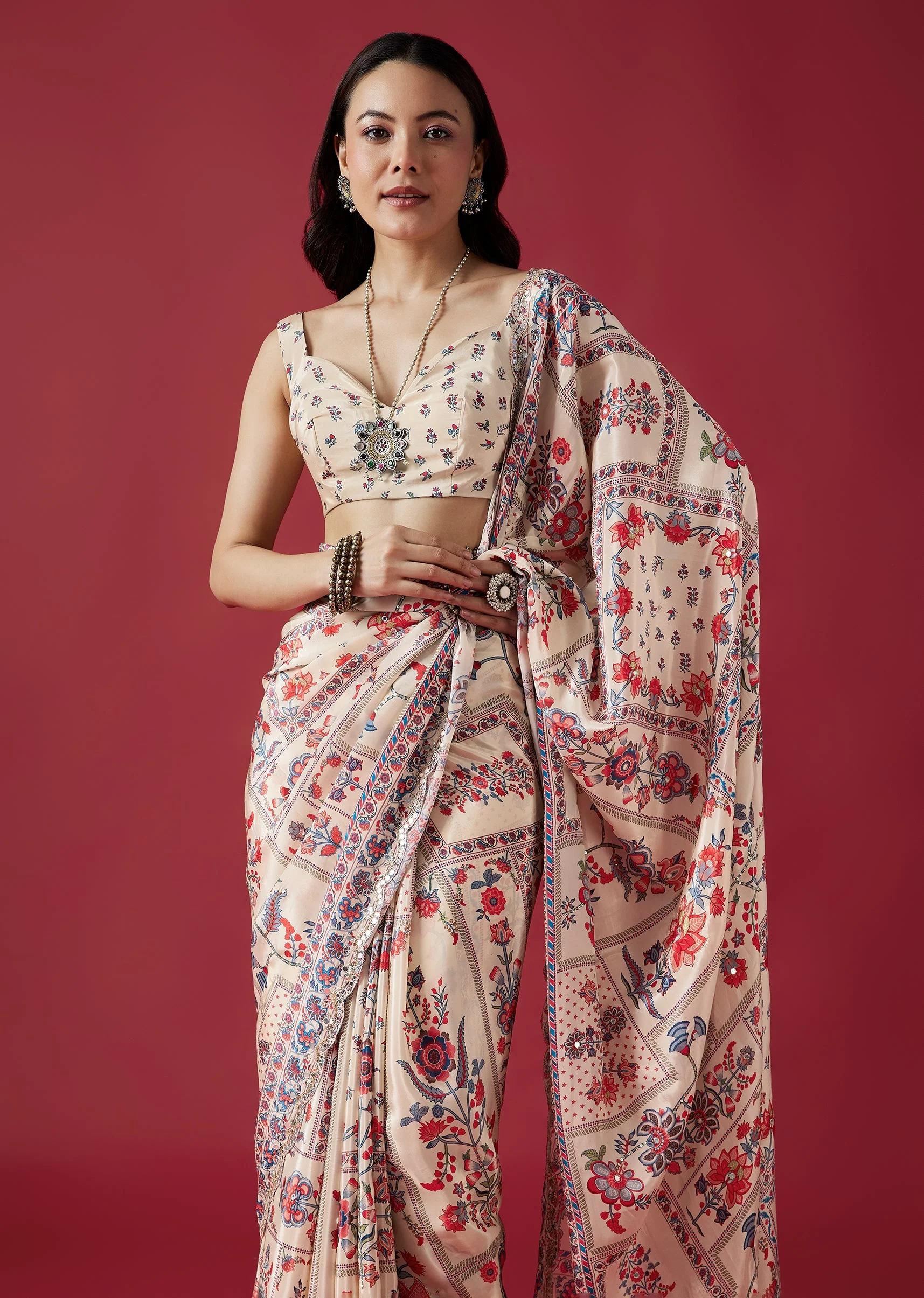 Soft Pastel Pair – Printed Saree For Her And Kurta For Him - Image 2