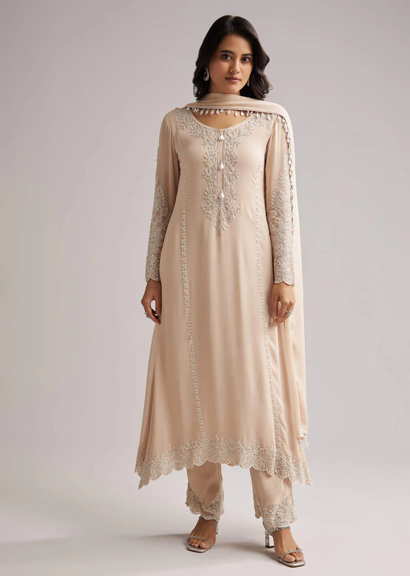 Soft Peach Beaded Kurti Pant Set With Dupatta - Image 3