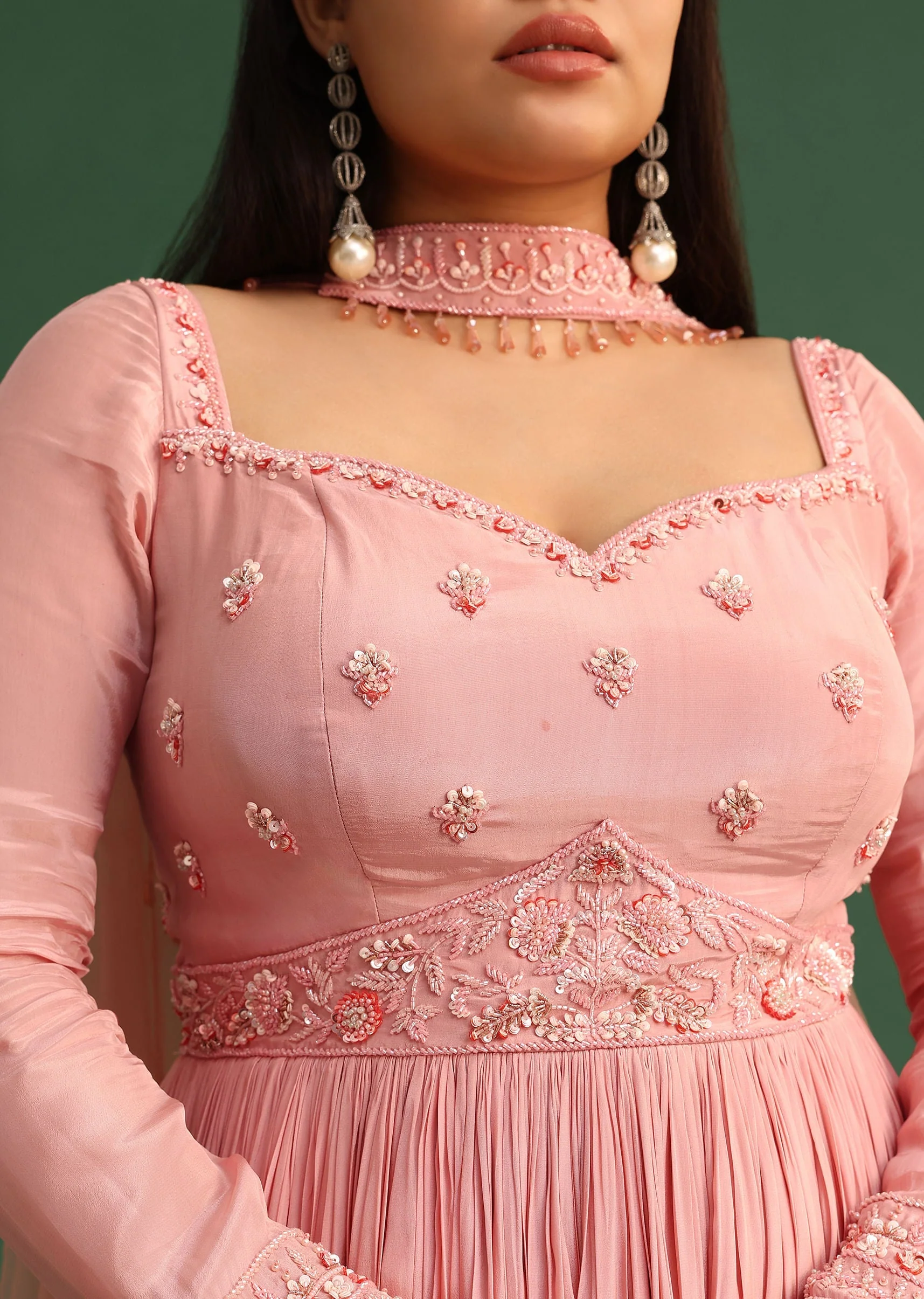 Soft Pink Embroidered Anarkali Suit With Choker Dupatta - Image 2
