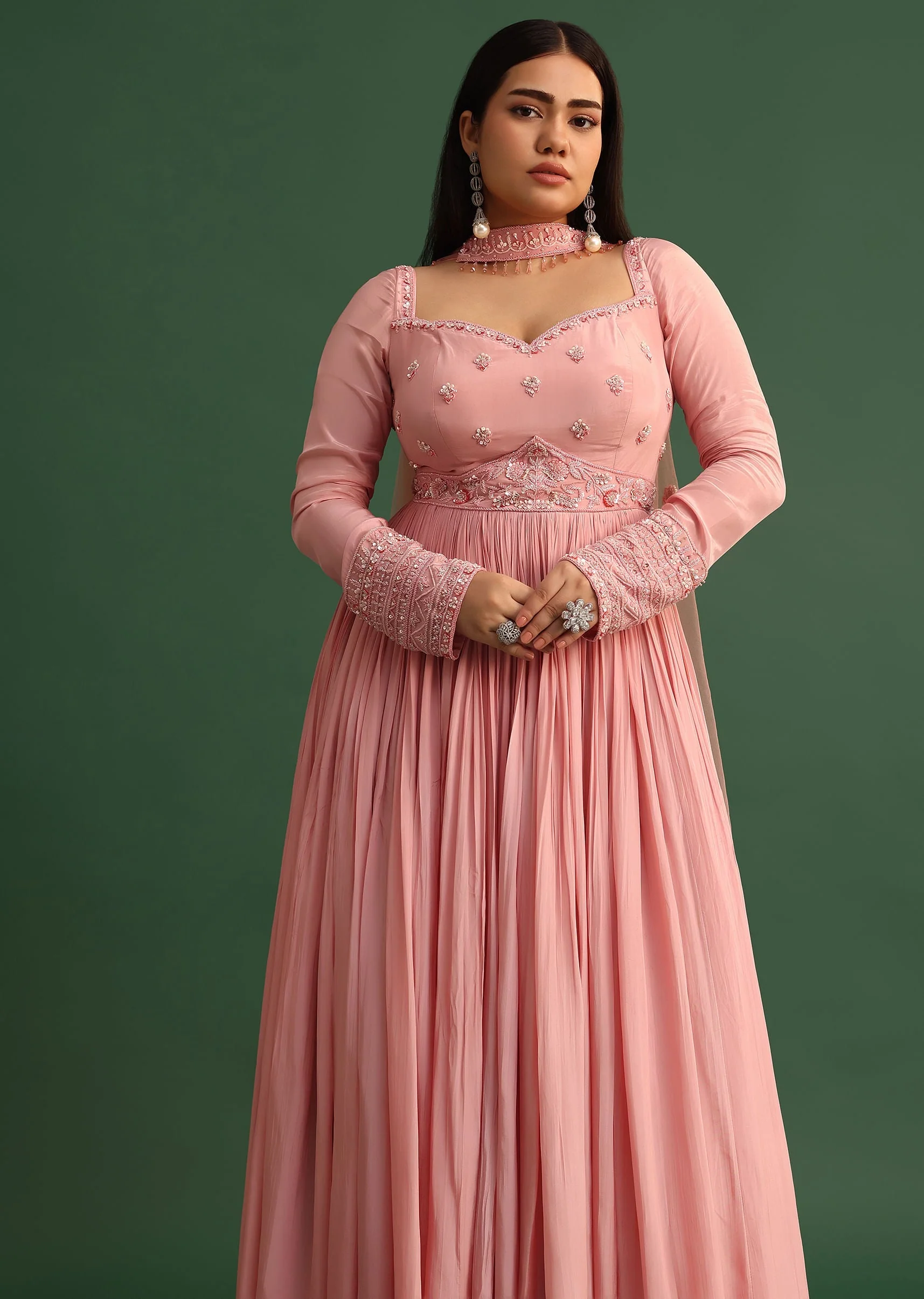 Soft Pink Embroidered Anarkali Suit With Choker Dupatta - Image 4